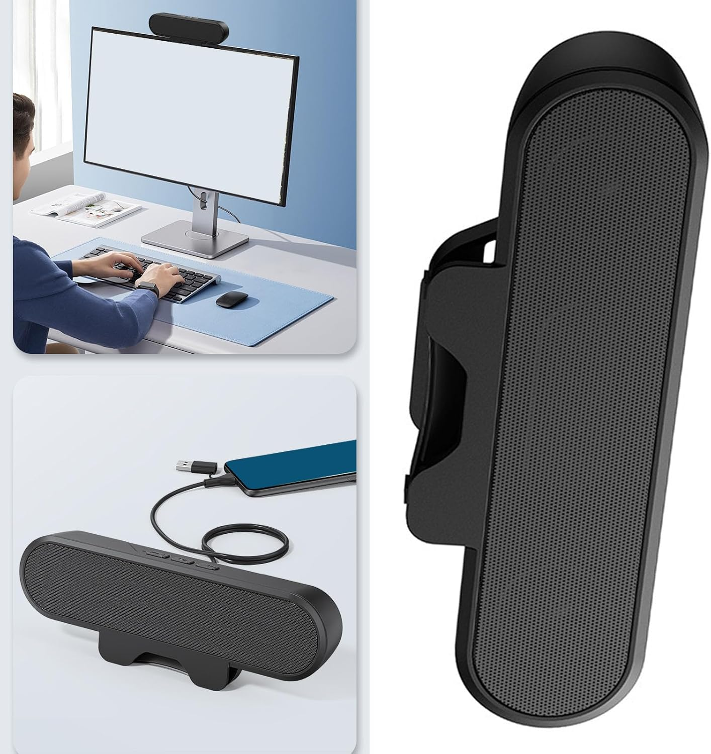 USB Computer Laptop Speaker, Monitor Speakers for Laptop, Portable Mini Sound Bar with Clip On, Stereo USB Powered Speaker, Easily Clamps to Monitor, Convenient Controls