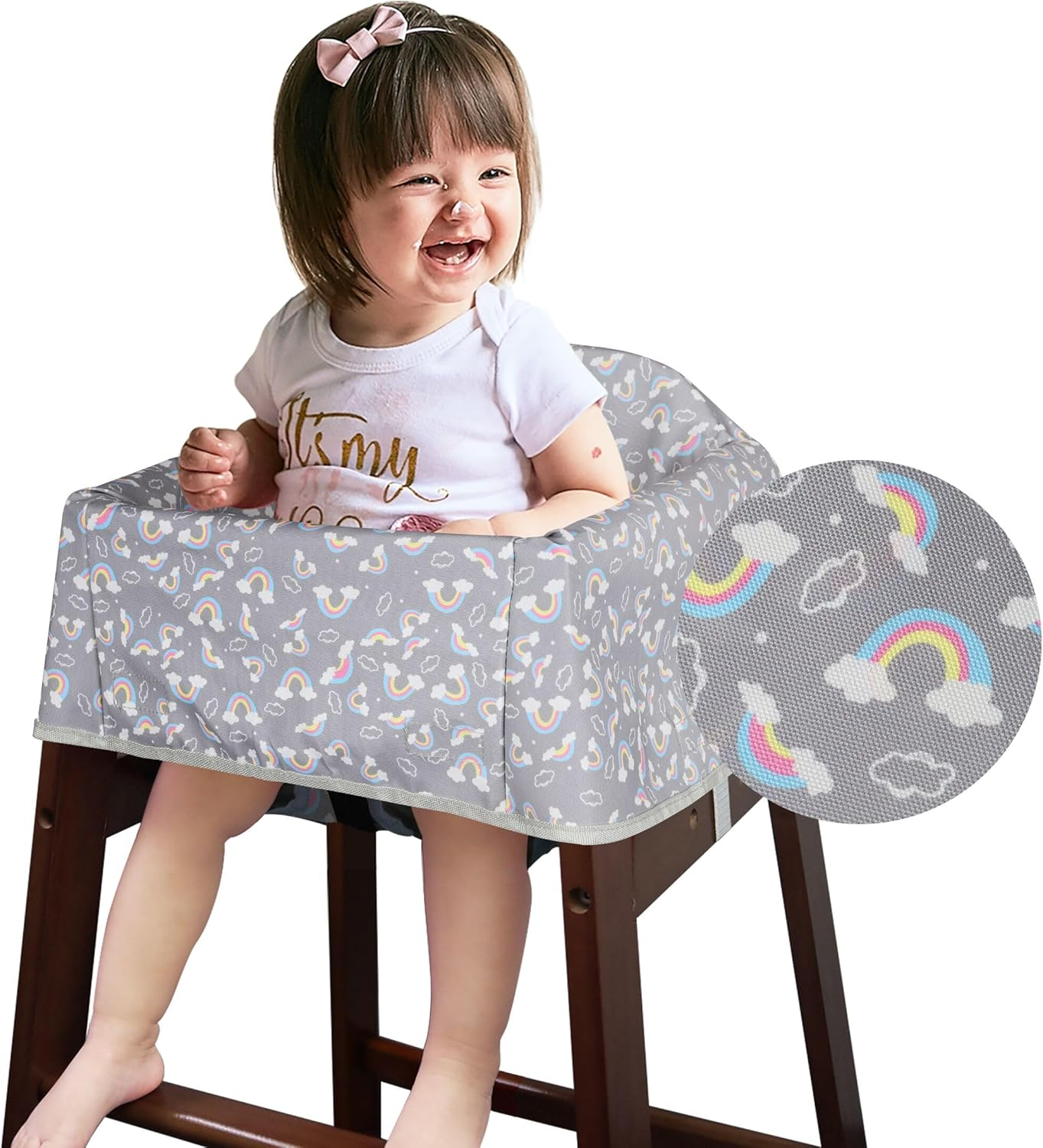 Dual-Belt Baby High Chair Cover, Upgrade Version, for Wooden or Restaurant High Chair, Sturdy and Robust Material, Waterproof Washable Stain and Slip Resistant, Gray