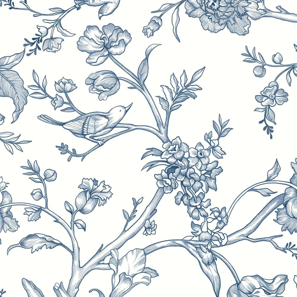 Safiyya Peel and Stick Wallpaper Floral Birds Contact Paper Blue White Wallpaper Peel and Stick Removable Wallpaper Boho Wallpaper Flower Contact Paper for Cabinets Vinyl Rolls 118"X17.3" image number 4