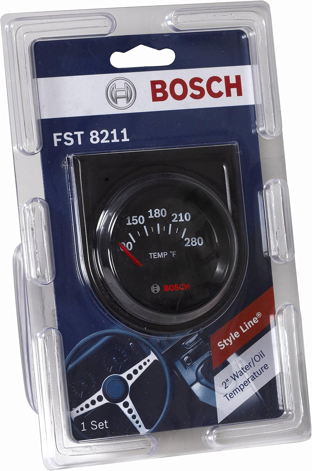 Actron Bosch SP0F000049 Style Line 2" Electrical Water/Oil Temperature Gauge (Black Dial Face, Black Bezel) image number 1
