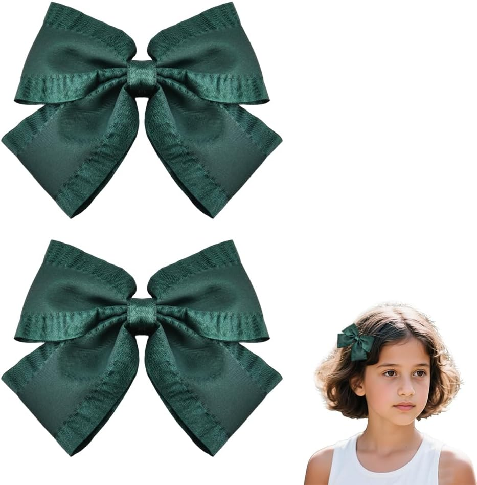 4 Inch Emerald Green Hair Bows with Ruffle Edge Cute Satin Bowknot Alligator Clips Hairpins Cute Ruffled Green School Cheer Bow Clips St Patricks Day Christmas Bows Hair Accessories for Girls 2 PCS