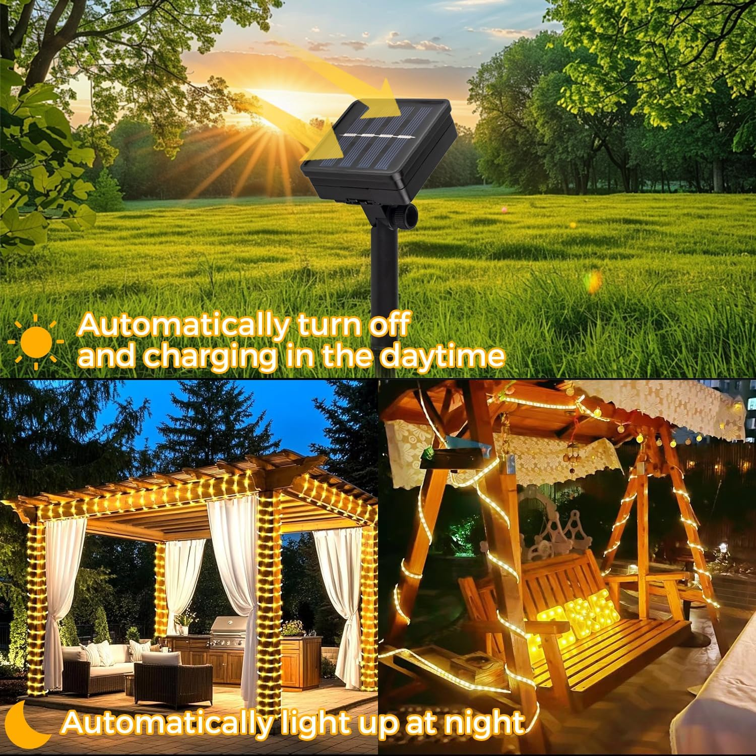 Aofonchy Solar LED Rope Lights Outdoor, 33Ft 100 Leds Waterproof Tube String Lights with 8 Lighting Modes Solar Powered Fairy Lights for Christmas Wedding Tree Patio Lawn Garden Party Decor - Multicolor image number 4