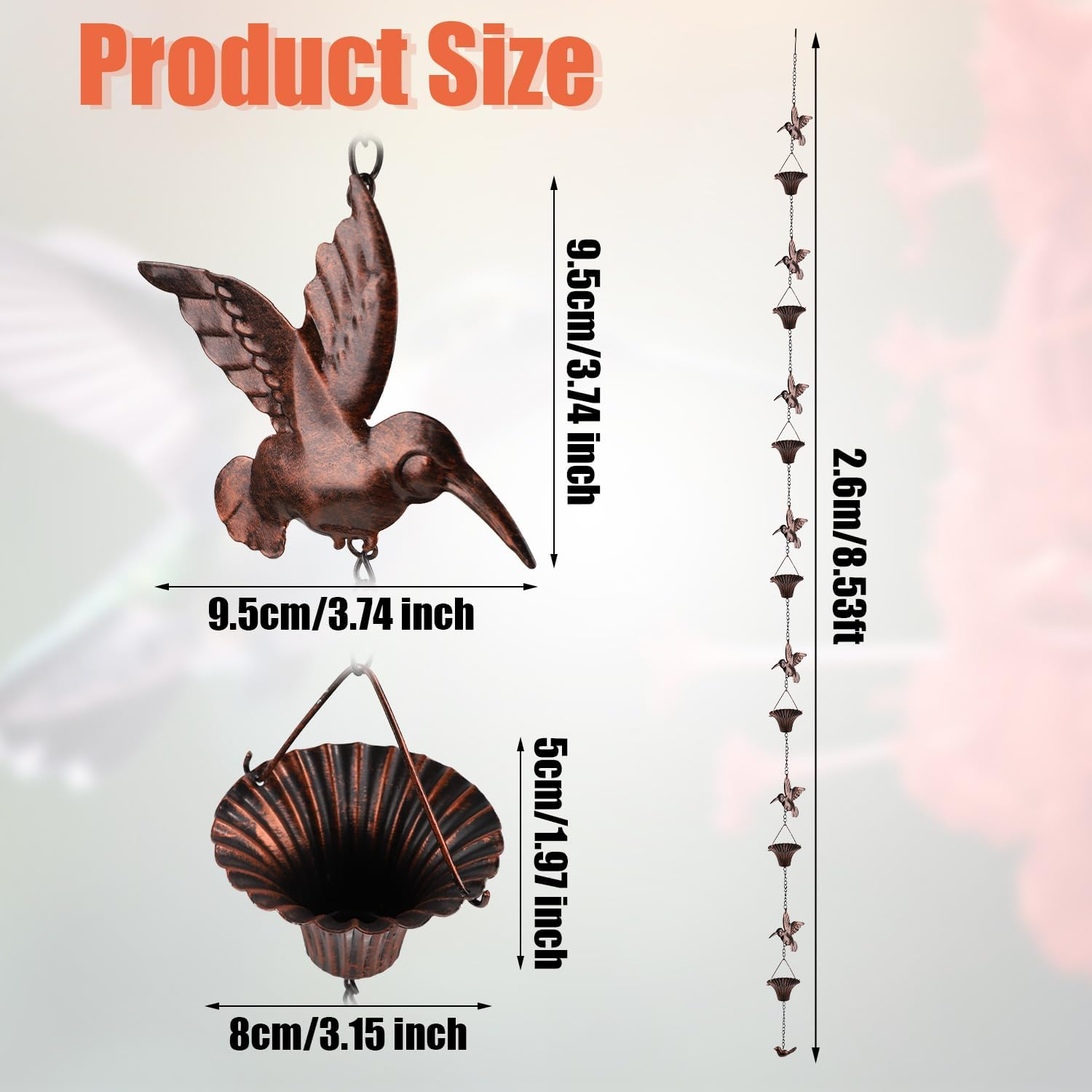 Bird Rain Catcher Chain, 8.53Ft Metal Hummingbird Rain Chain Bell, outside Decorative Downspout Chain Rainwater, Cup Wind Chime Outdoor Gutter Rainchain Decor for Terraces, Villas, Courtyards