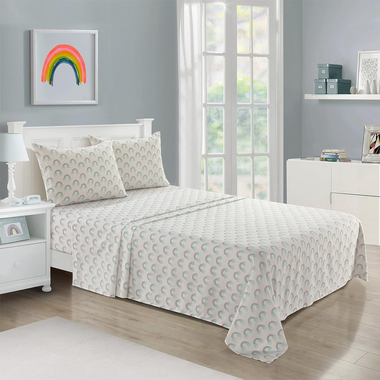 Heritage Kids 3 Piece Sheet Set, Including Top Sheet, Fitted Sheet and Pillow Case, Rainbow Print, Twin,Multicolor