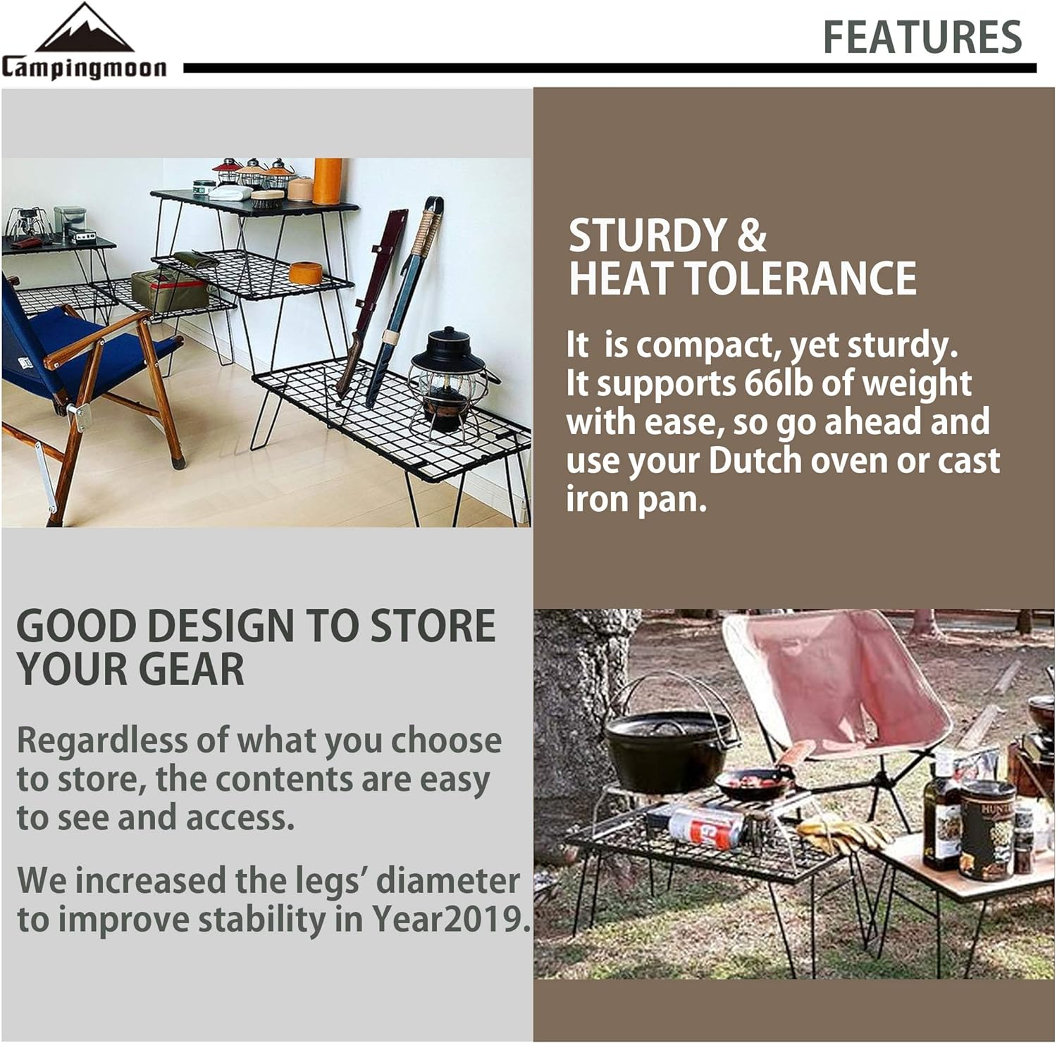 Camping Moon 2Pcs Outdoor Folding Multipurpose Storage Rack with Carrying Bag, Steel Plating Black T-230-2T