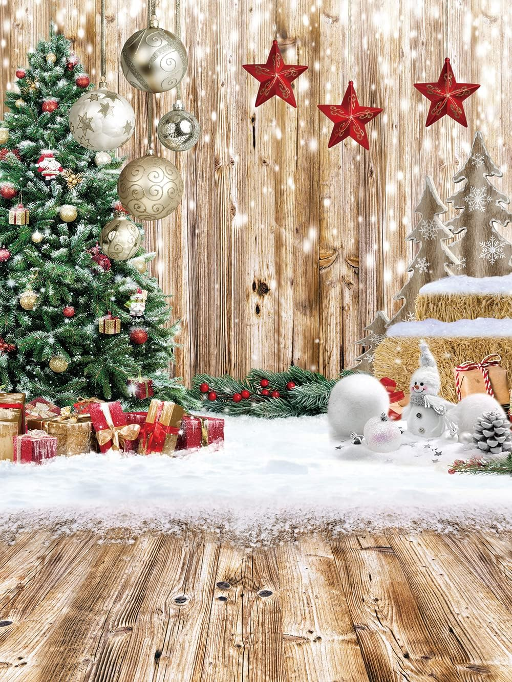CYLYH 5X7FT Christmas Backdrop Rustic Wood Snow Backdrop Xmas Tree Gifts Background for Christmas Party Decoration Xmas Family Party Banner