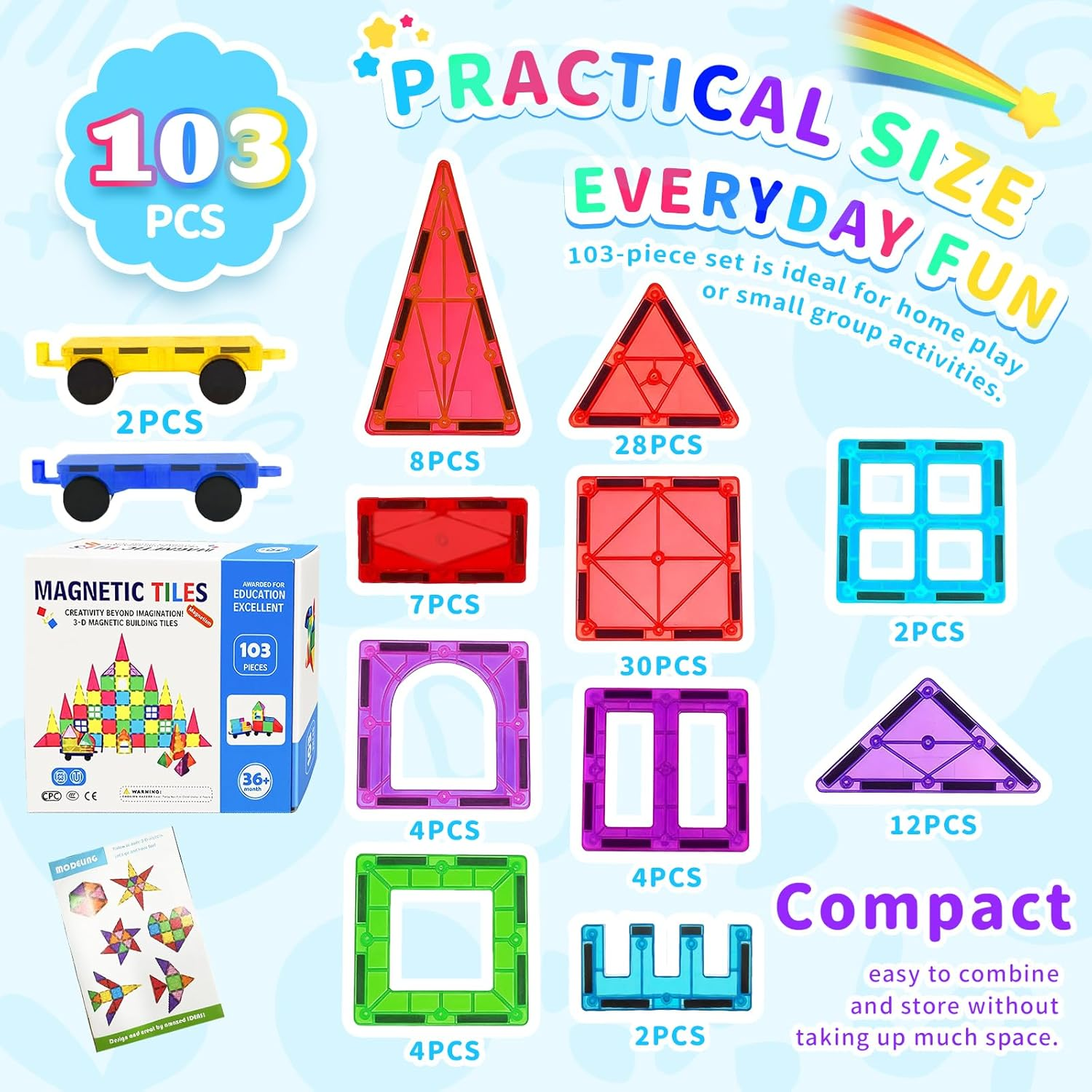 Wukon Magnetic Tiles Kids Toys - 103Pcs Magnet Building Tiles Clear Magnetic 3D Blocks Constructio Playboards, Preschool Learning Sensory Montessori Pretend Toy for 3+ Year Old Boys and Girls image number 2