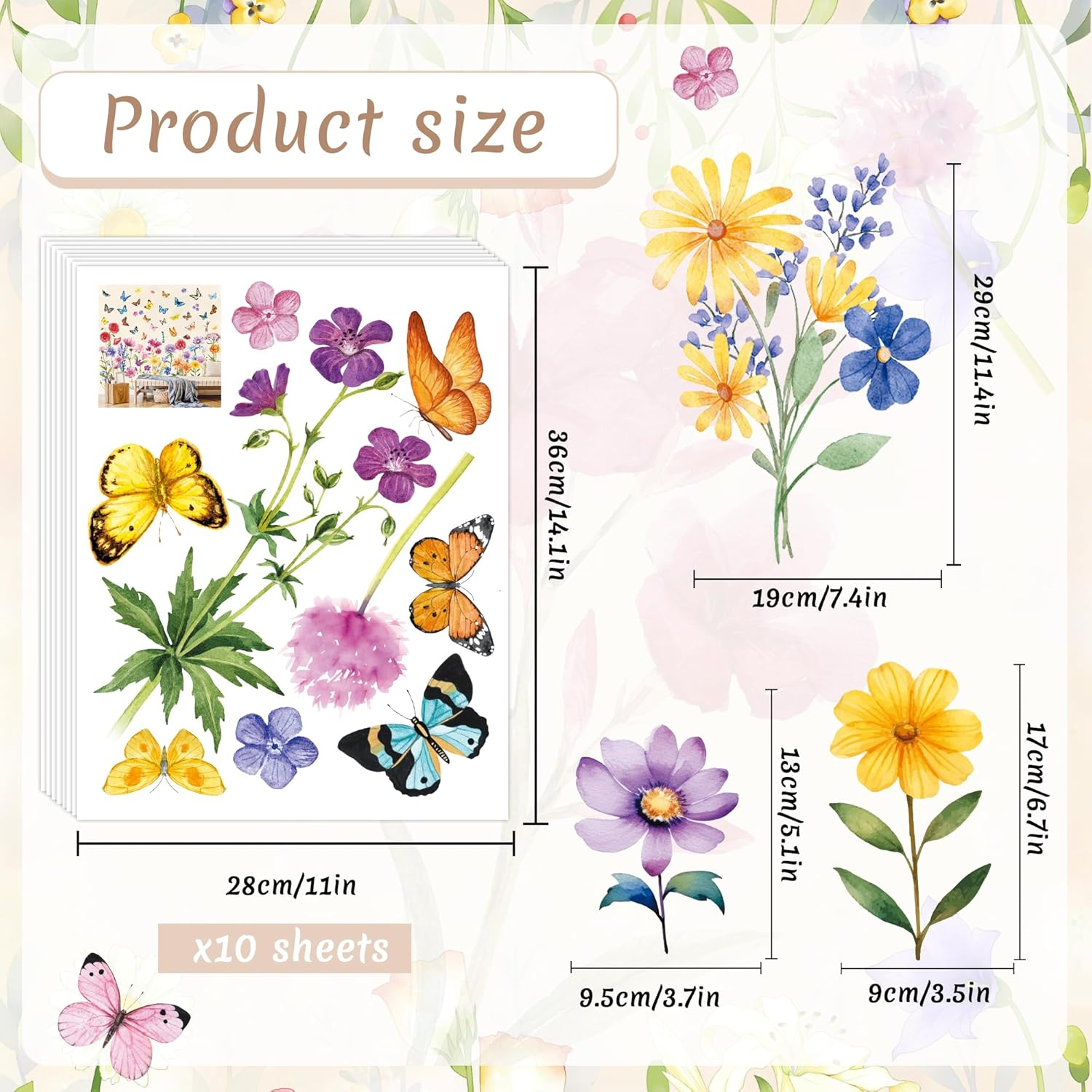 Garden Flower Wall Stickers - Butterfly, Daisy, Wildflower Plants Decals for Bedrooms, Living Room, Nursery, Home Office, Sofa Decorations image number 6