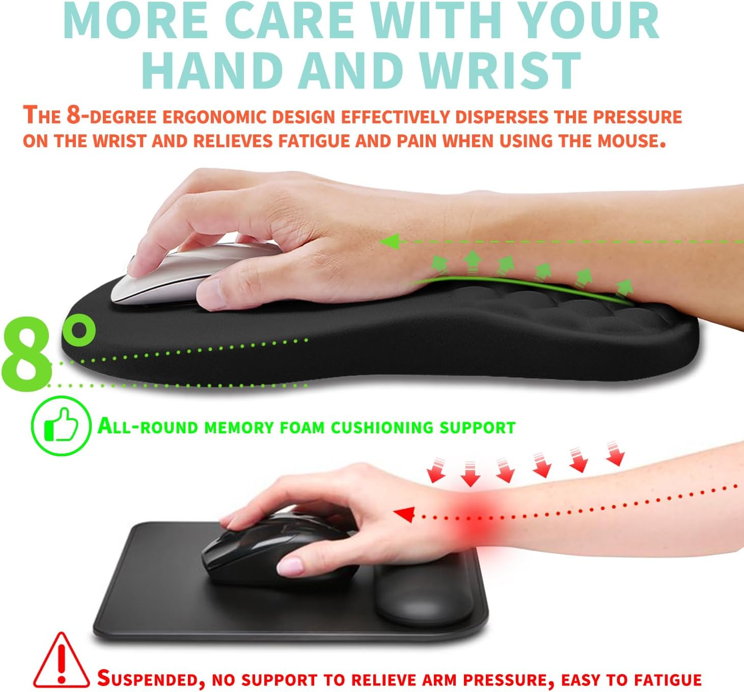 KUOSGM Ergonomic Mouse Pad Wrist Support with Memory Foam Massage Bulge, Carpal Tunnel Pain Relief Mousepad Wrist Rest for Mouse(12X8 Inch, Black) image number 4