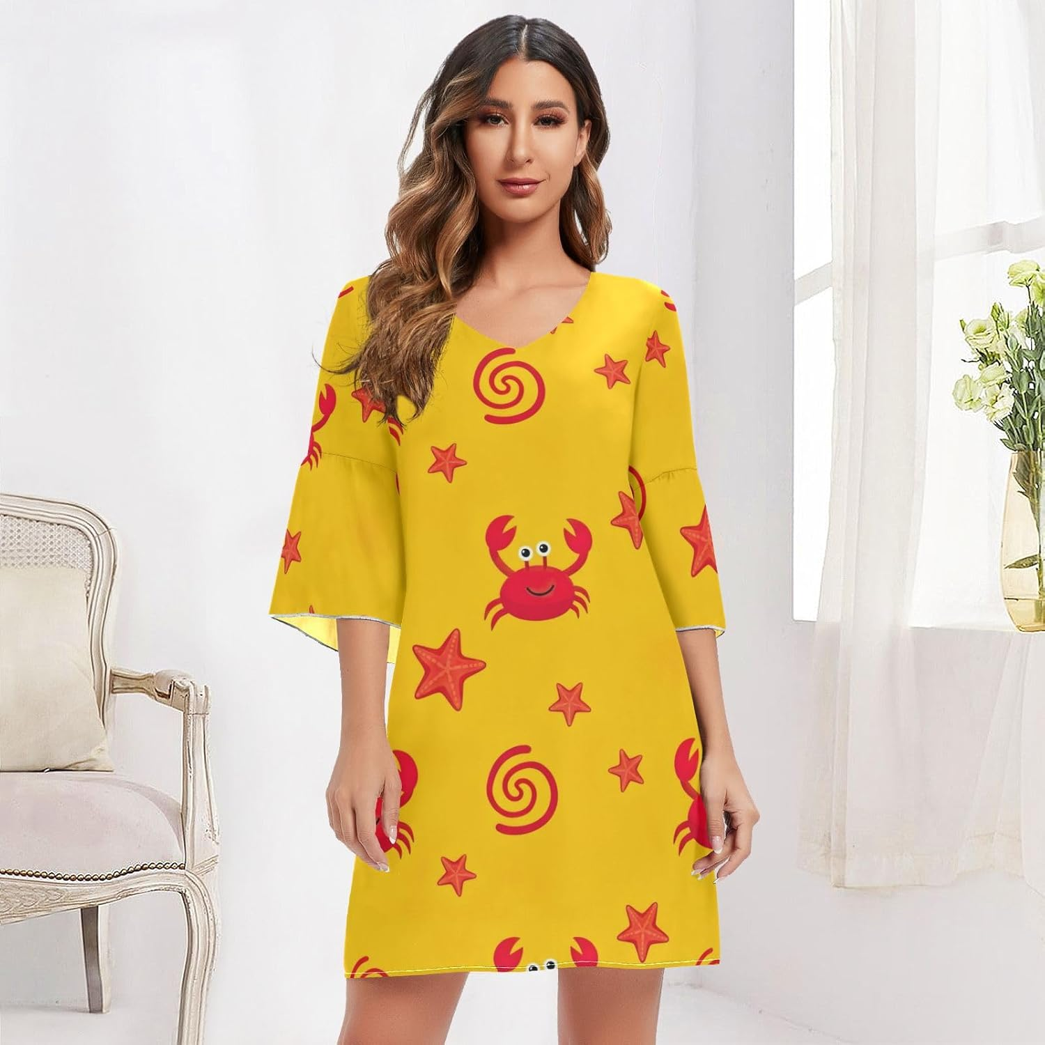 Cute Red Cartoon Crabs V Neck Dress Printed Maternity Dress Party image number 2