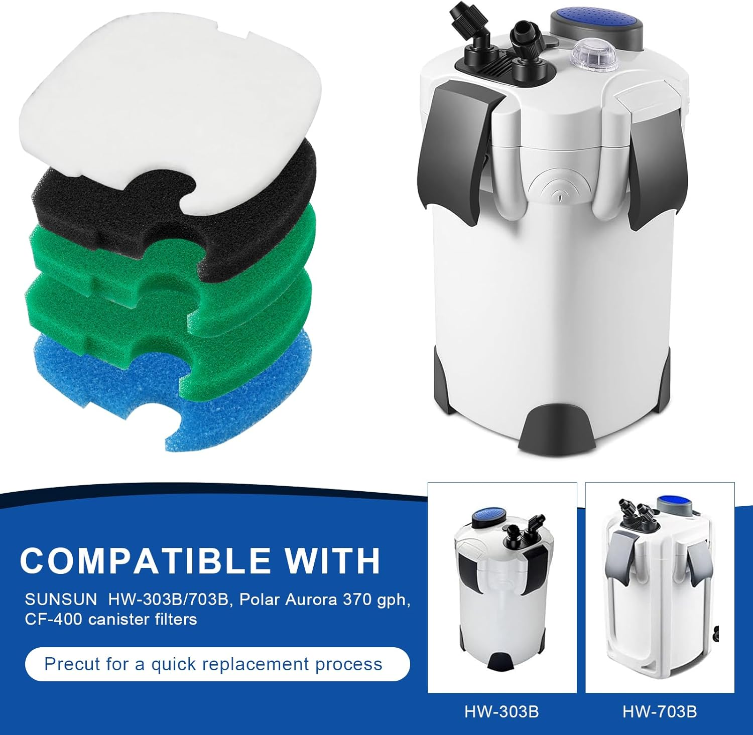 16 PCS Replacement Canister Filter Media Pads Compatible with SUNSUN HW-303B/703B Polar Aurora 370 GPH CF-400, Aquarium Bio Sponge Filter Pad Fish Tank Filters Floss Pad Parts image number 1
