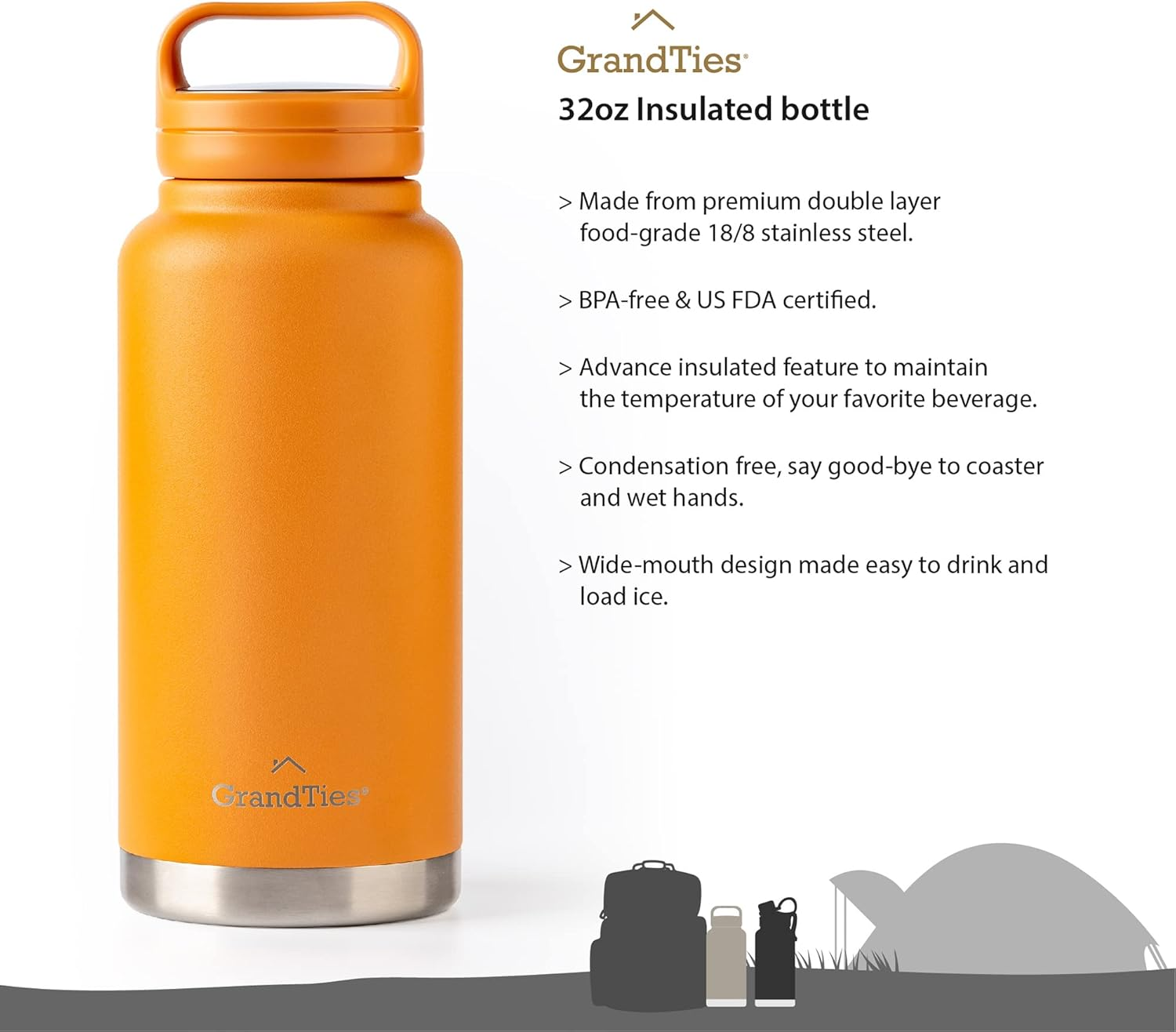 Grandties Insulated Sports Water Bottle with 2 Interchangeable Lids for Versatile Uses &ndash; 946Ml / 32Oz Stainless Steel Thermal Bottle, Wide Mouth, Leak Proof, Bpa-Free Travel Canteen (Carrot) image number 4