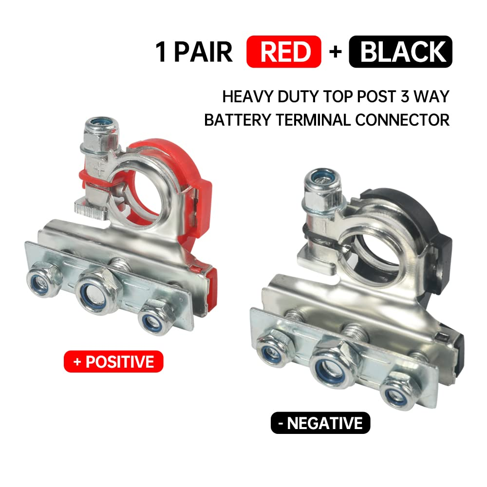 2 Pack 12V Automotive Top Post Battery Wire Cable Terminals Clamp Connectors Kit, Car 3 Way Battery Terminals, Positive and Negative, Applicable in Car, Boat, Van and More