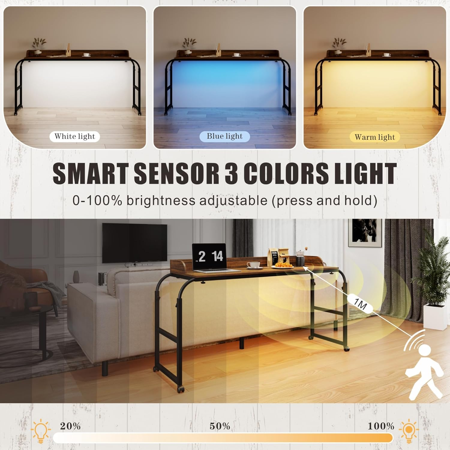 Dystler Overbed Desk with Charging Station-Over Bed Table-Adjustable Length/Height with Wheels - Human Sensor LED Light Mobile Queen Size Bed Table Rolling Tray Table for Eating & Laptops, Brown image number 6