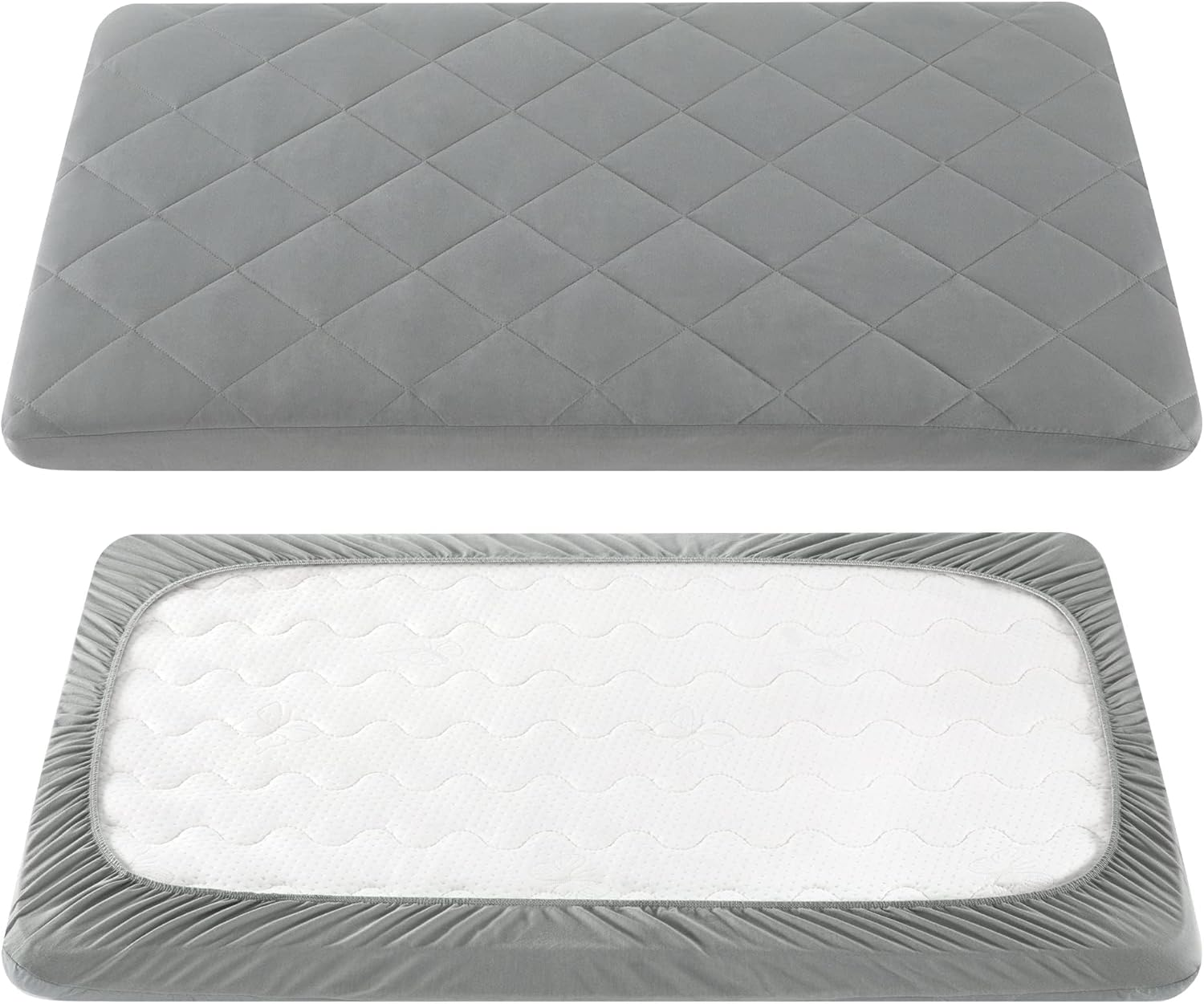 TILLYOU Pack and Play Sheet - Soft Quilted Crib Cover Pad, Toddlers Mattress Protector with 1''-3'' Deep Pocket, Thick Play Yard Playpen Sheets, Breathable Fluffy Crib Mattress Pad, 39"X27", Grey