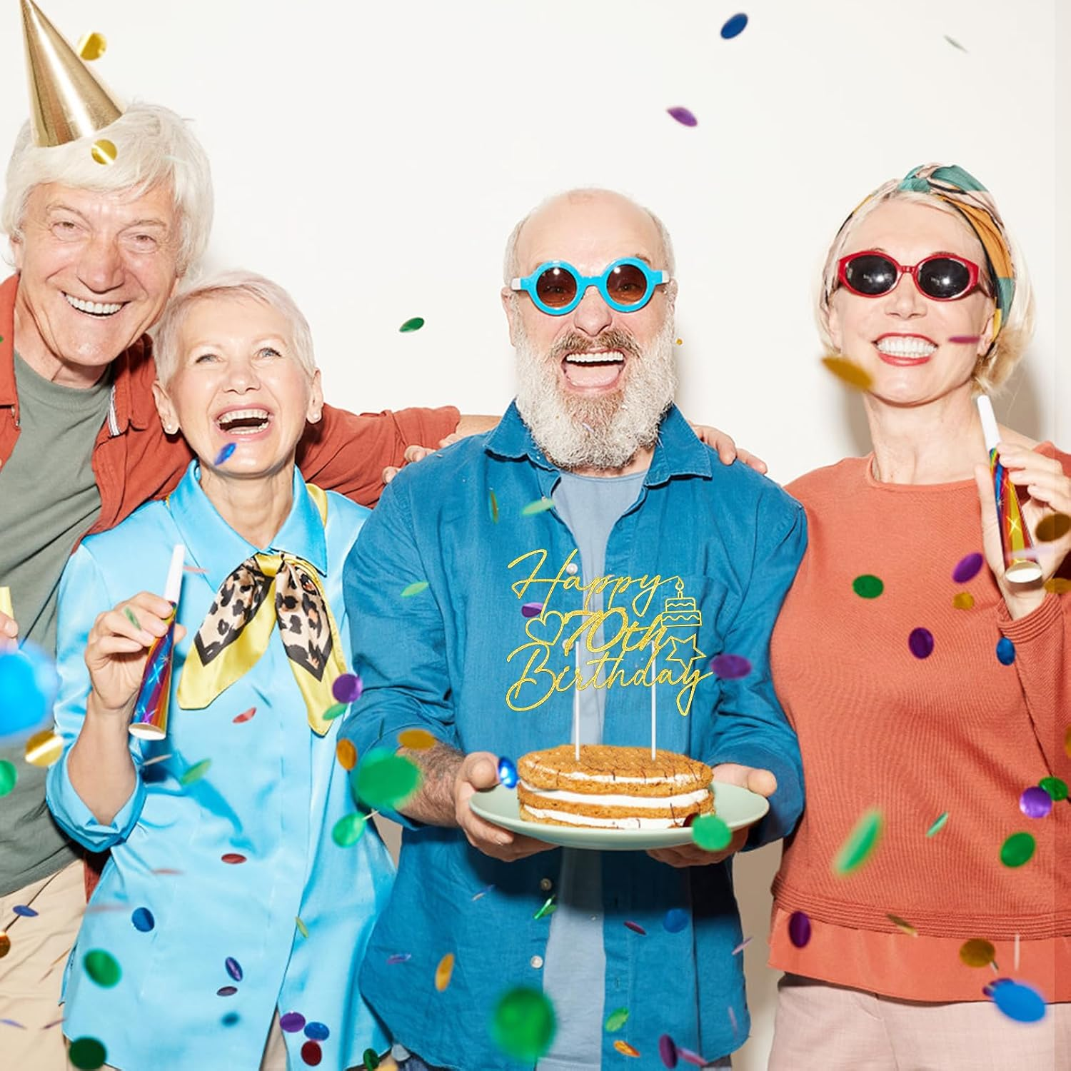 Buziba Happy 70Th Birthday Cake Toppers Gold Glitter Heart Star Cake Decorations for Birthday Themed Party Supplies (70Th) image number 1