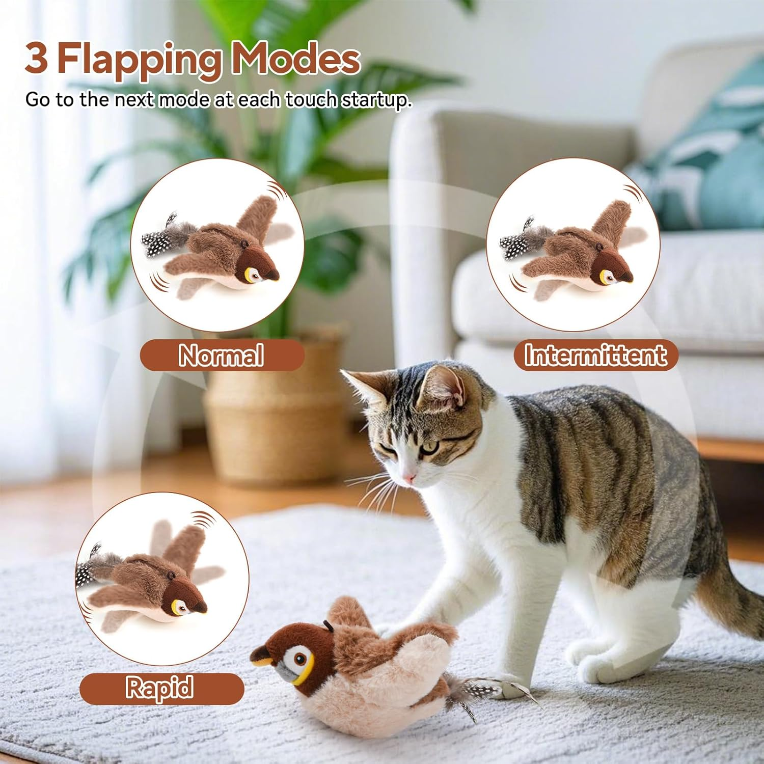AUSCAT Flappy Bird Cat Toy, Simulated Chirping Bird Cat Toy Flapping Wings, Rechargeable，Interactive Catnip Toys for Indoor Kittens image number 2