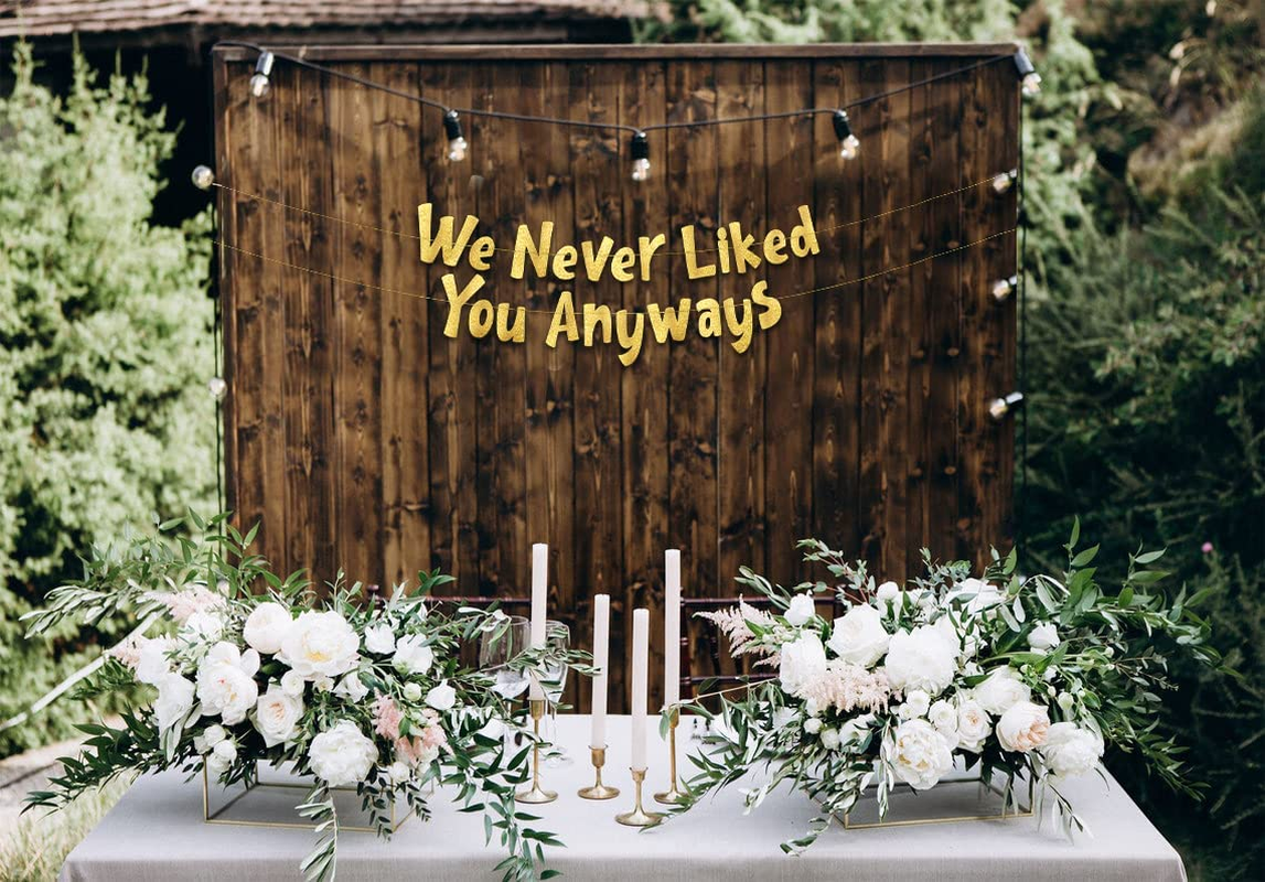 We Never Liked You Anyways &ndash; Going Away Party Gold Glitter Banner &ndash; Funny Farewell Party Decorations &ndash; We Will Miss You &ndash; Retirement Party &ndash; New Job Change &ndash; Moving Party Supplies, Ideas, and Gifts image number 1