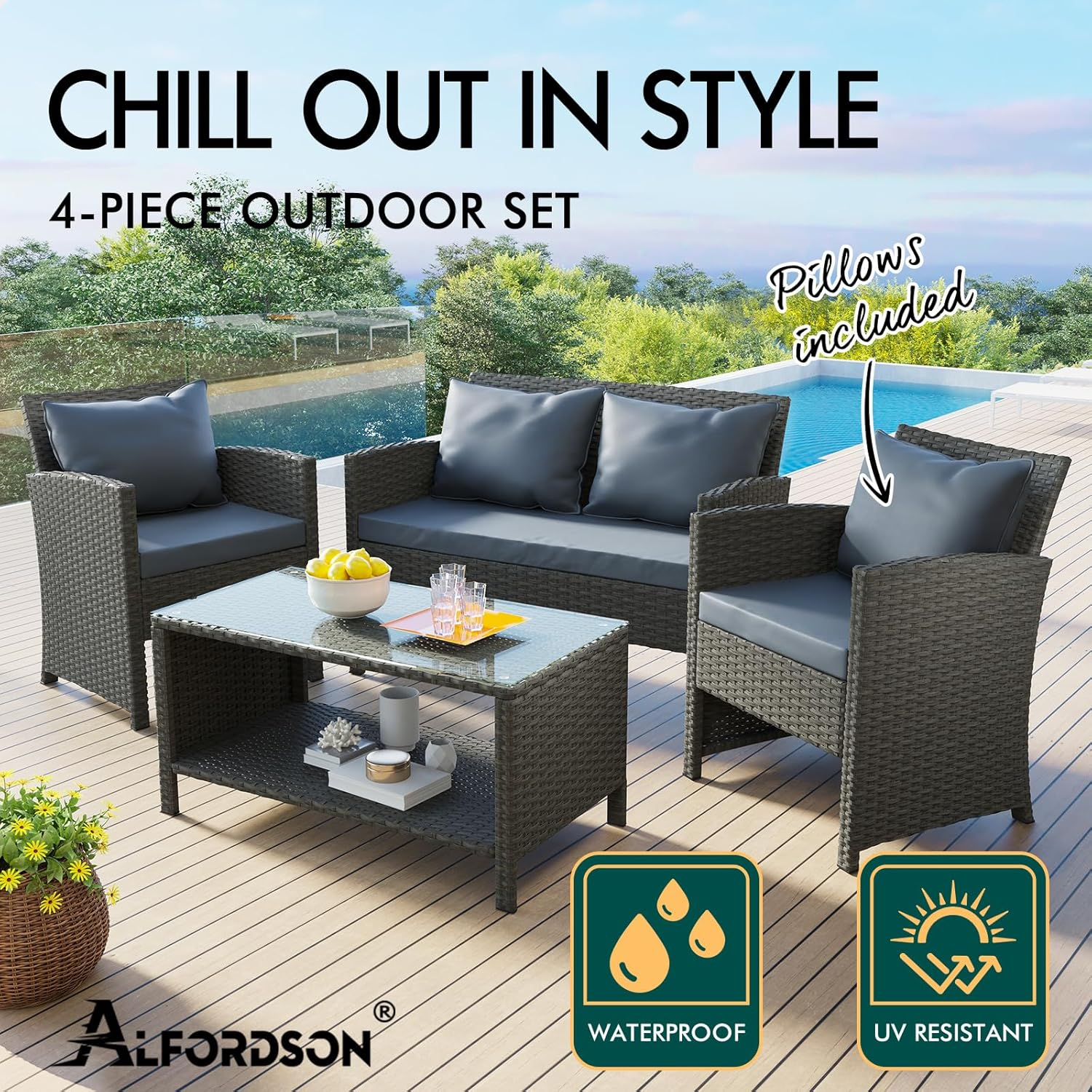 ALFORDSON Outdoor Patio Furniture 4Pcs Conversation Set, Wicker 4 Pieces Lounge Chair & Glass Coffee Table Setting, Steel Frame Garden Rattan Sofa with Cushions and Back Pillows, Dark Grey image number 3