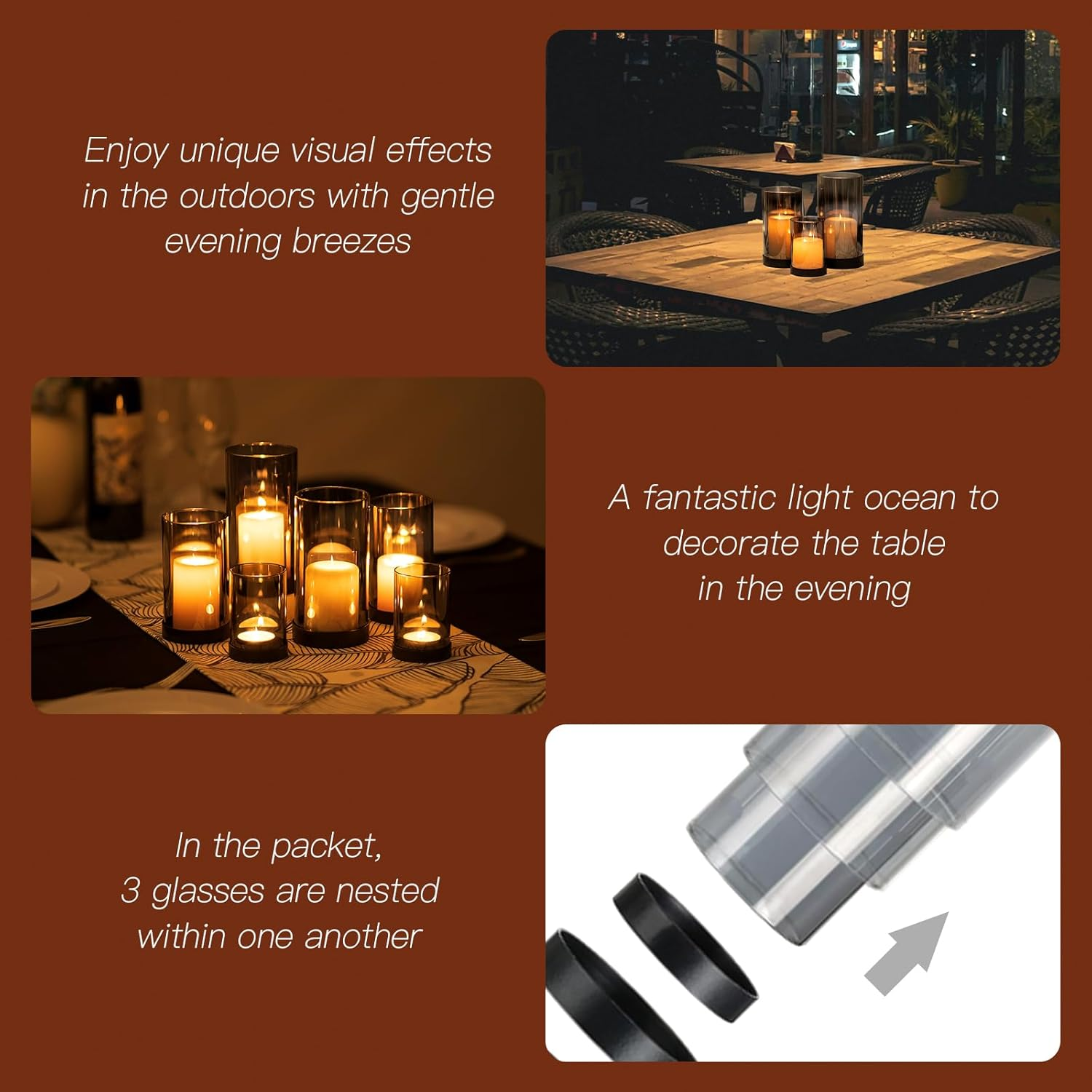 Glass Lanterns, Black: Set of 6 Lanterns, Outdoor Table Decoration, Glass Cylinder Candle Holder, Metal, Modern Decoration, Living Room, Bathroom, Patio, Lanterns, Outdoor and Indoor Tea image number 4