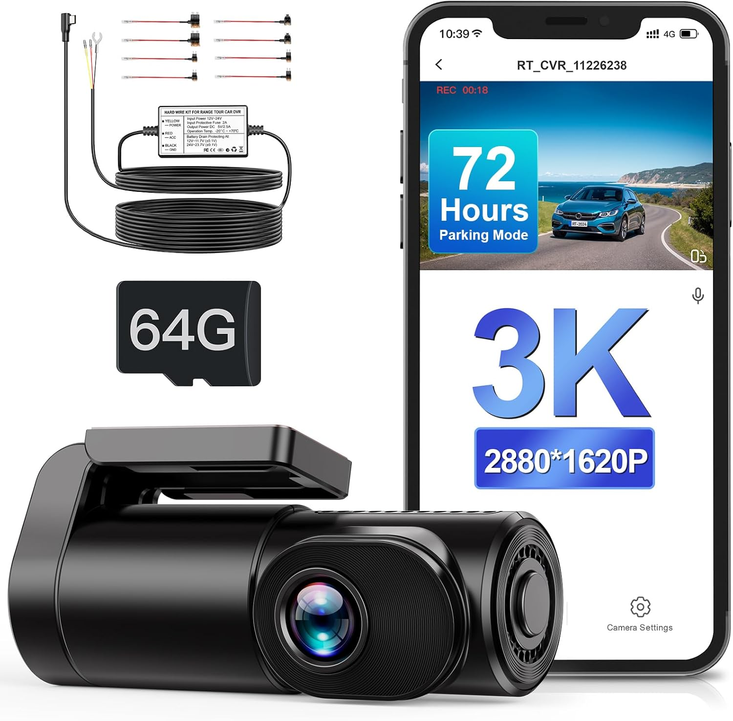 Range Tour 3K Dash Cam Front Wifi Car Camera with 64G Card and 3-Core Hardwire Kit for 72 Hours Parking Monitor, 0.96" Display Driving Recorder, APP Control, HDR 2.0, Loop Recording, Night Vision image number 2