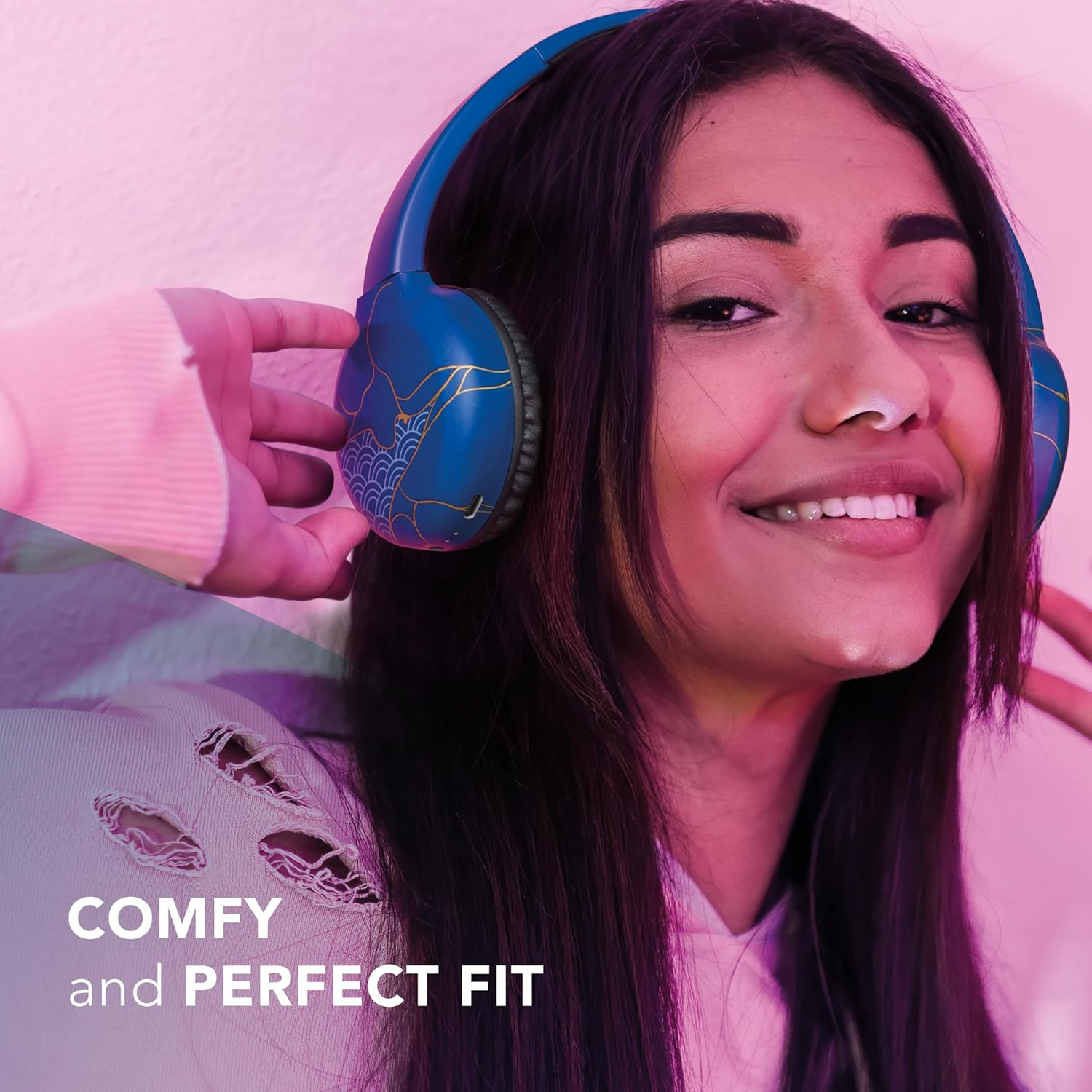 Music Sound - Bluetooth Headphones with Soft-Touch On-Ear Headphones - Adjustable Ear Hooks - Adaptability and Comfort - Play Time 22 Hours - Blue image number 4