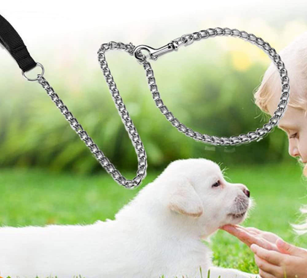 Pet Dog Chain Leash Lead 120Cm Chew Resistant Metal Leash Soft Leather Handle AU (Blue) image number 3