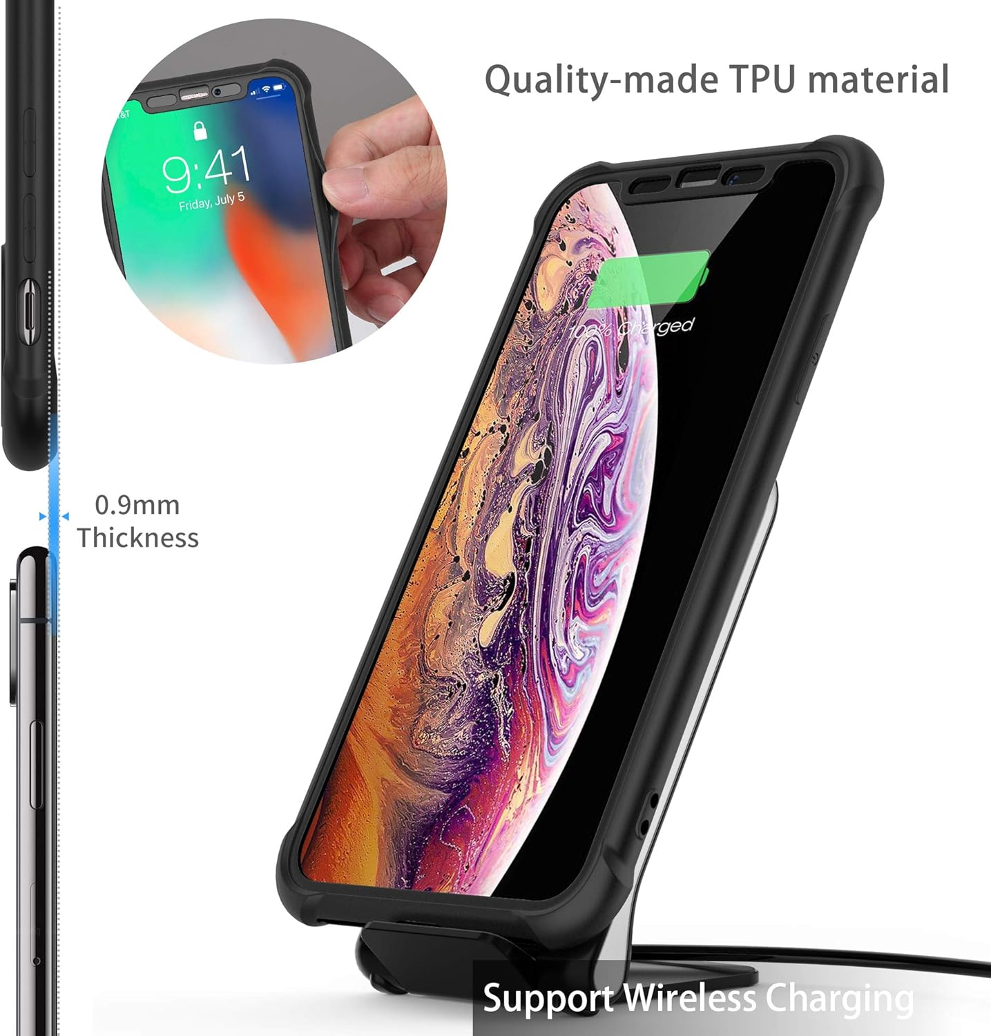 ORETECH Compatible with Iphone X Case Iphone Xs Case with [2 X Tempered Glass Screen Protector] 360&deg;Full Body Shockproof Case Ultra Thin Hard PC Silicone Case Cover for Iphone X/XS 5.8'' - Black - Blue image number 5
