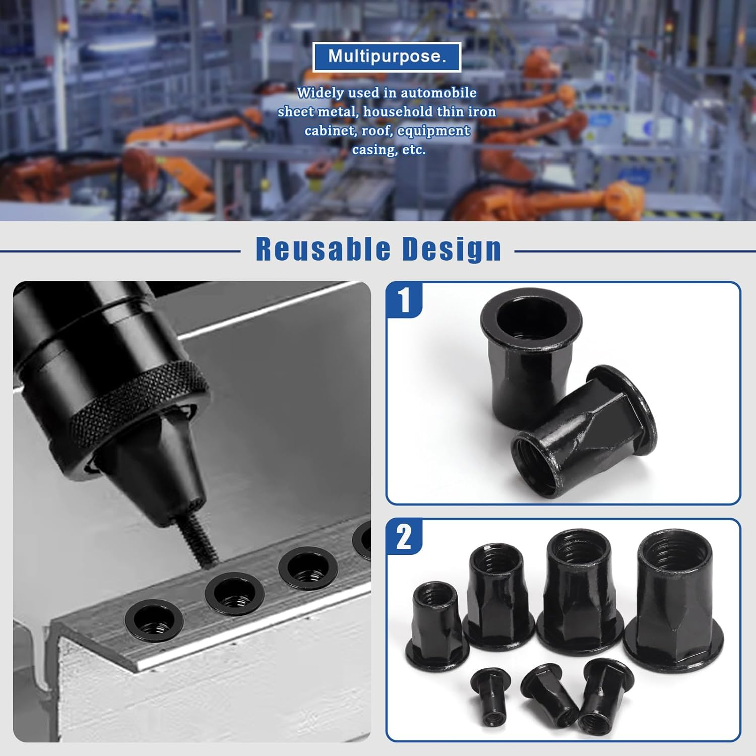 Glarks 250Pcs Thread Half Hexagonal Rivet Nuts Set M3 M4 M5 M6 M8 M10 M12 Black Zinc Plated Carbon Steel Flat Head Rivnut Threaded Insert Rivet Nuts for Construction Industrial image number 3