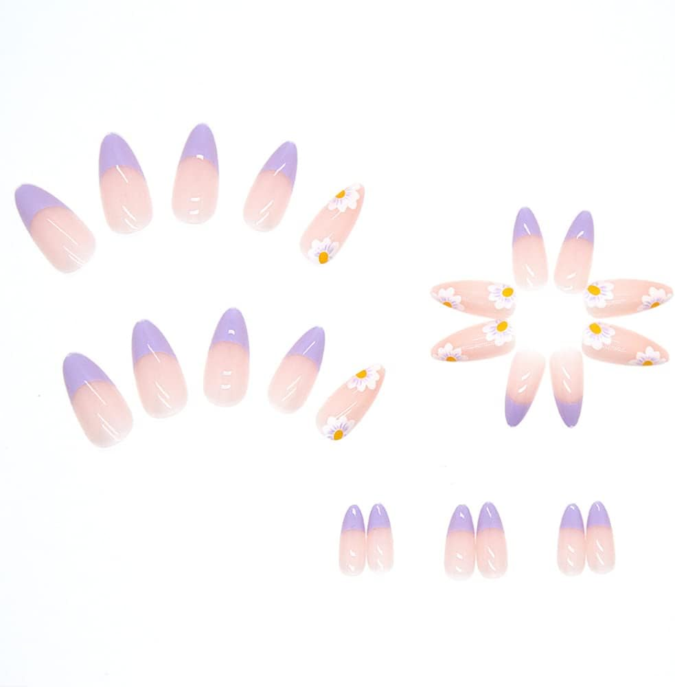 Artificial Nails for Gluing, Flower Press on Nails Almond Long French Sunflower Summer Nails for Gluing Long for Women and Girls (Pack of 24) image number 5