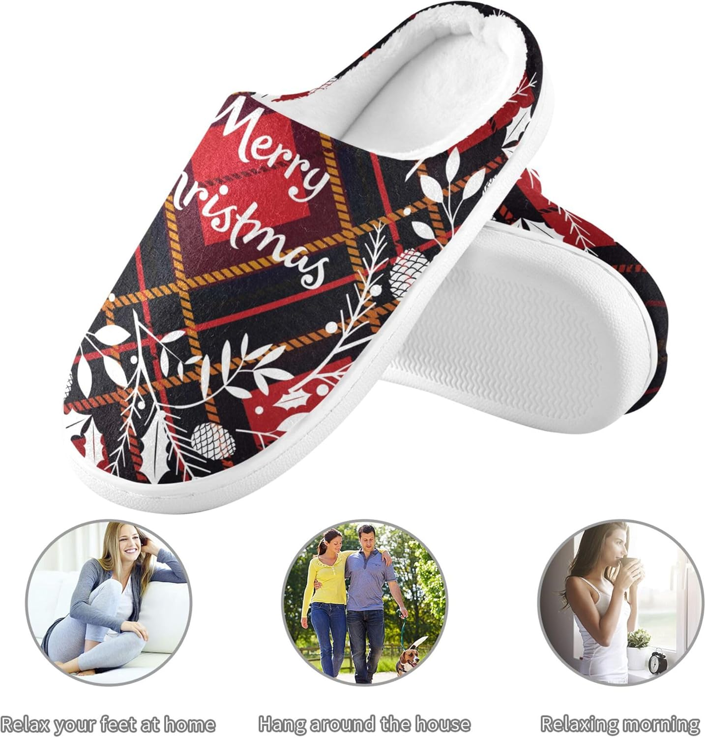 Caihoyu Memory Foam Slippers for Womens Mens Warm Plush Non-Slip Comfy Slippers Bedroom Home Office Travel Yoga 3XL Christmas Wreath Plaid Pattern, Color 6, 16-17 Women/13-14 Men image number 1