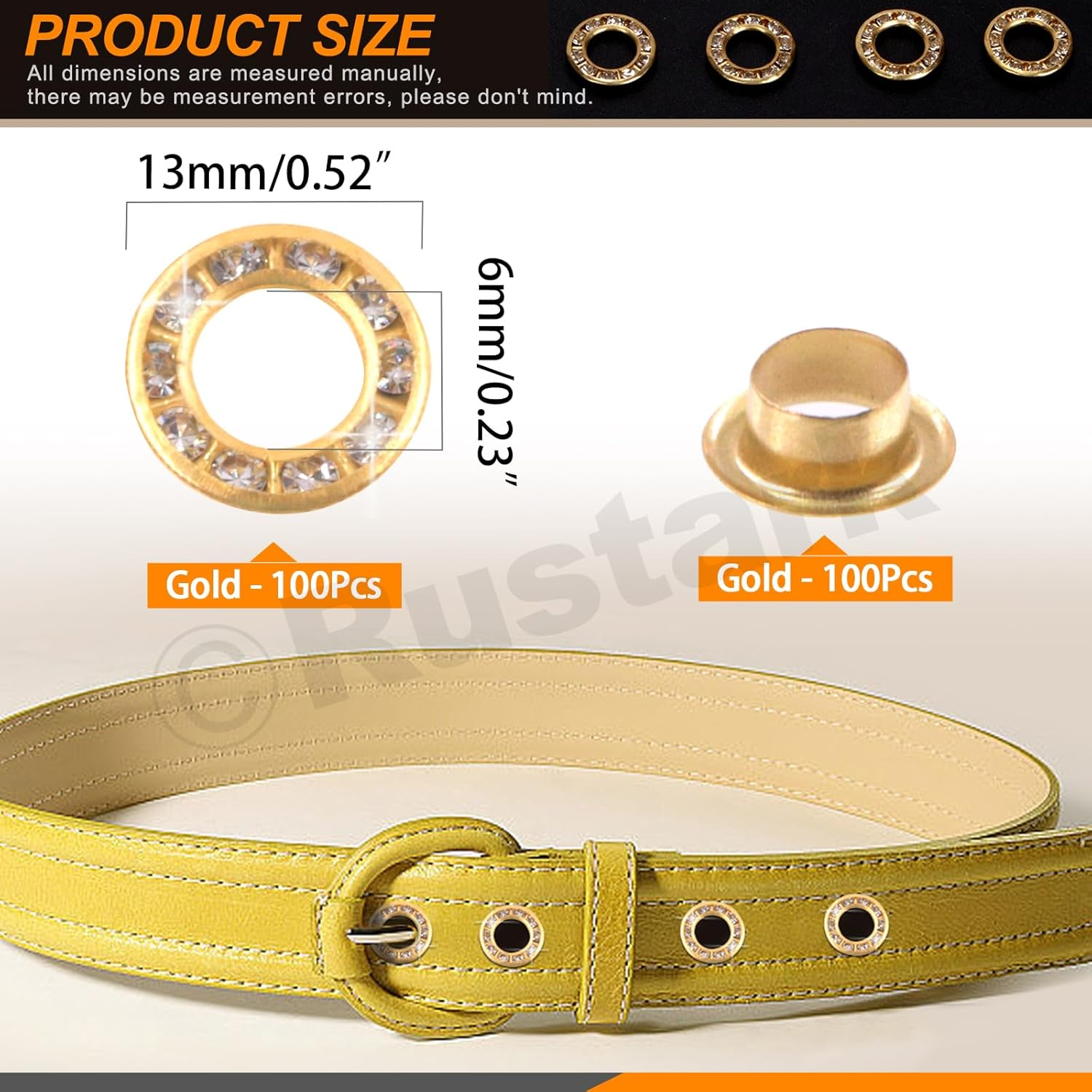 Rustark 100Pcs Gold 1/4 Inch Rhinestone Eyelet Grommet Eyelets and Grommets with Sparkling Design Metal Eyelet with Washer Hole Punch Shiny Rhinestone Boot Eyelet for Clothing Crafts DIY Projects image number 2