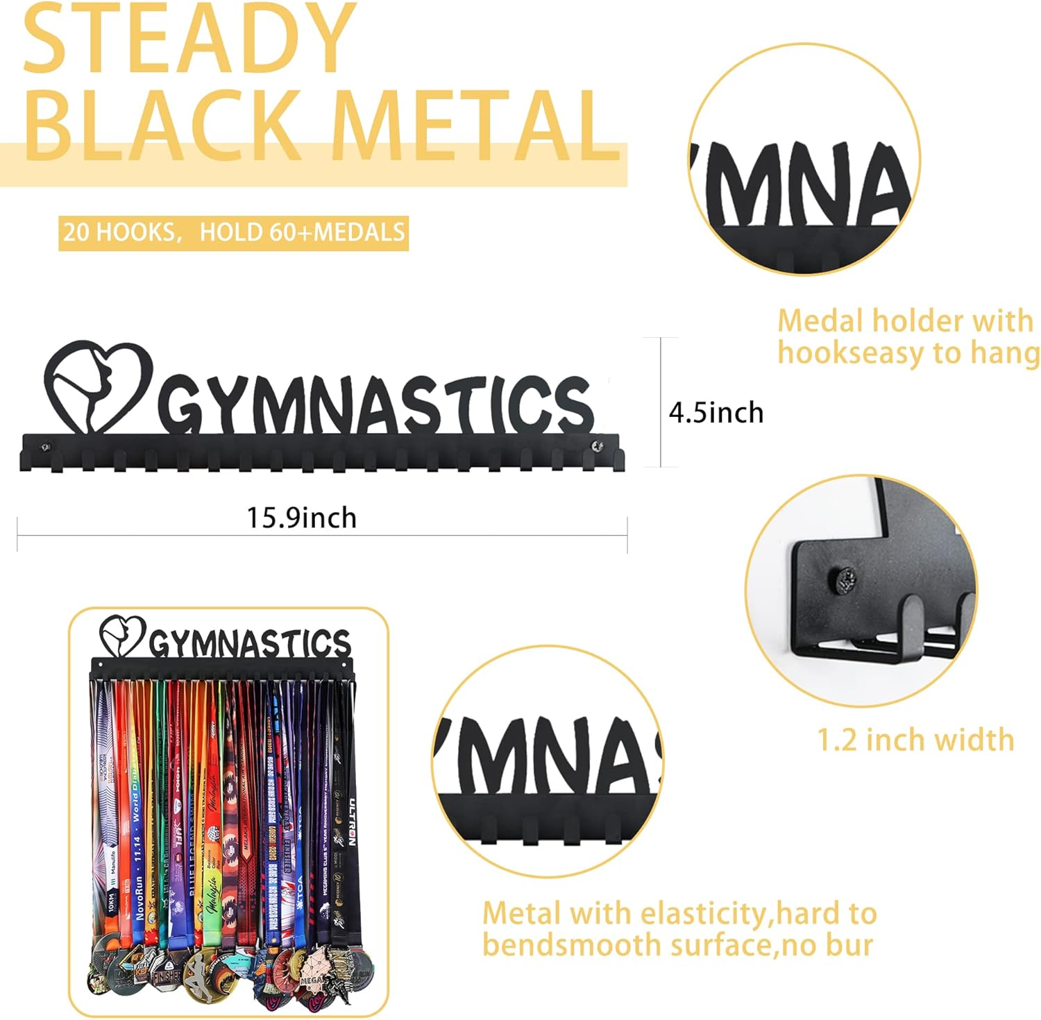 Goutoports Medal Holder Display Hanger - Personalized Medal Wall Hanger for Sport Race Runner Sturdy Black Steel Metal over 60 Medals Easy to Install (06 Gymnastics) - 06 Gymnastics image number 3