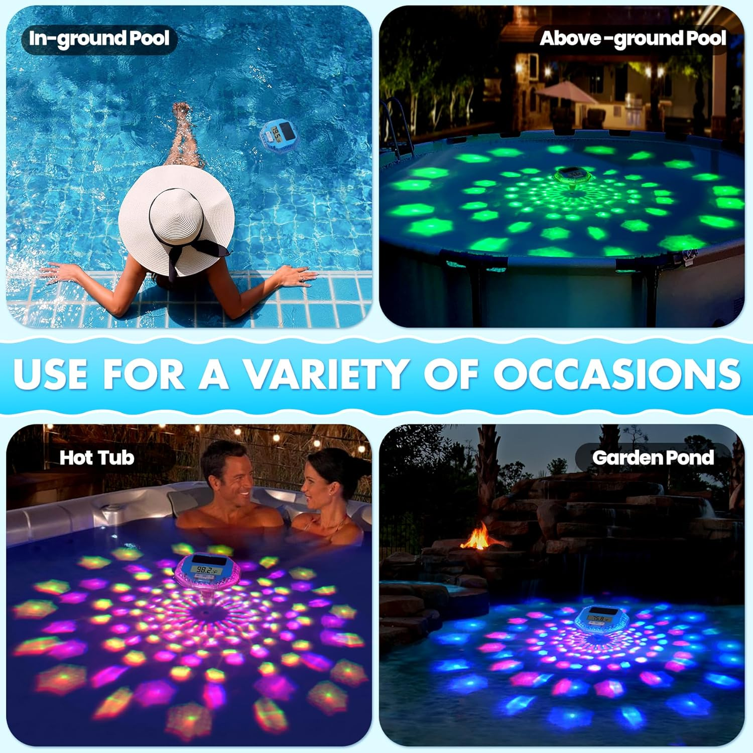 2025 Upgrade Digital Pool Thermometer Floating Easy Read, Solar Pool Thermometer with Dynamic Light Show, Large LCD Screen & IP68 Waterproof Pools Water Temperature Thermometers for Hot Tub image number 2