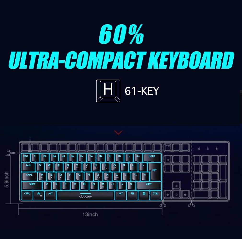 Abucow Gaming Keyboard Minimalist Portable Wired Ultra-Compact Mini Imitation 61 Keys RGB Backlit Keyboard (Black) image number 6