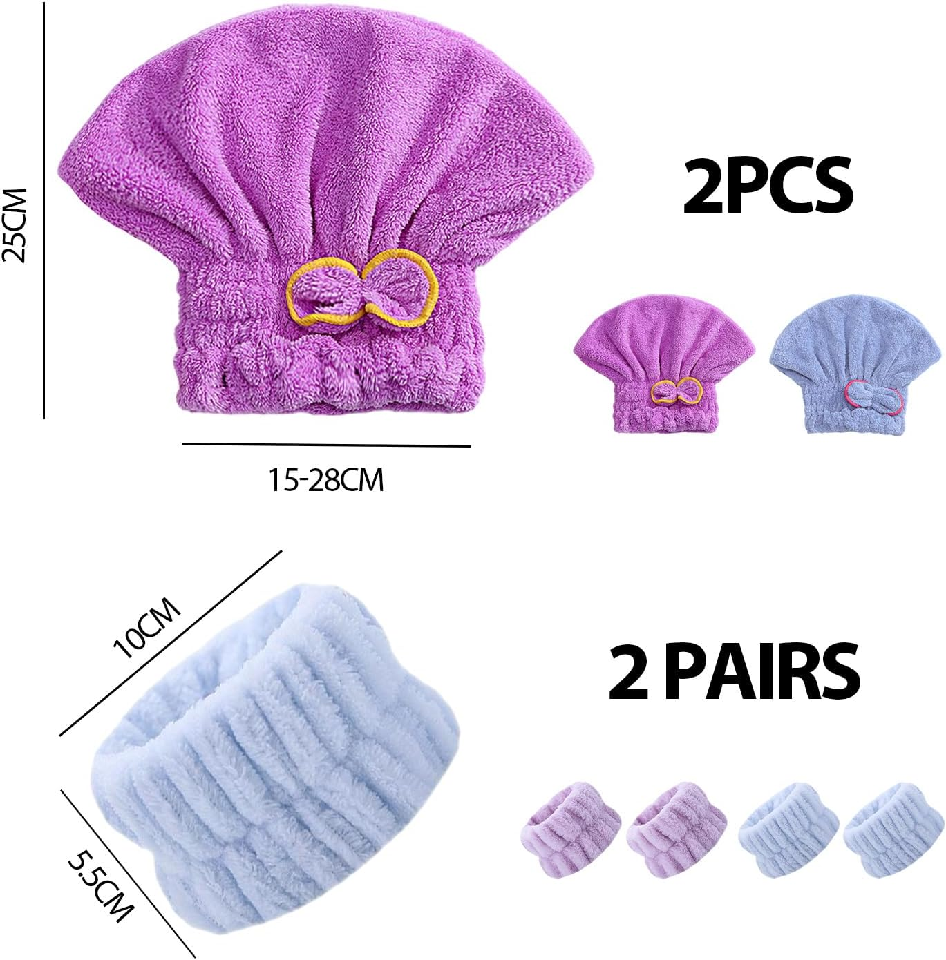 Pack of 2 Blue and Purple Dry Hair Caps and 4 Pieces Blue and Purple Wrist Bands, Fast Absorbing Dry Hair Caps, Practical Wrist Straps, Suitable for Showering.