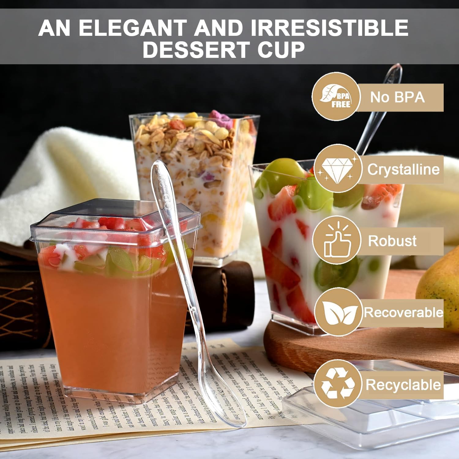 50 Pcs Dessert Cups, 150Ml/5Oz Mini Clear Plastic Cups with Lids & Spoons, Small Reusable Dessert Cups, Washable Clear Dessert Cups for Mousse, Pudding, Ice Cream, Desserts, Drinks, Etc. (Square) image number 1