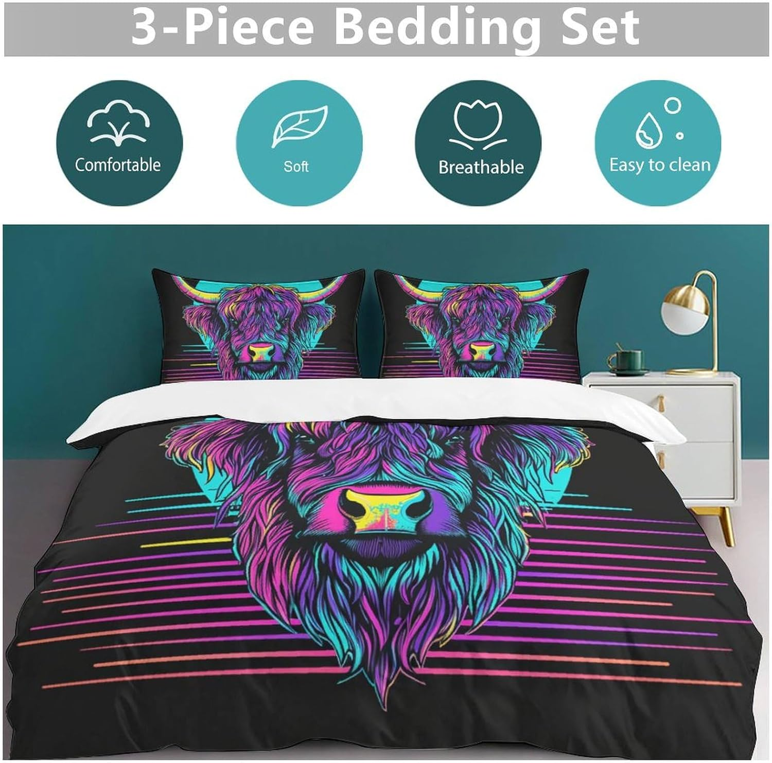 Highland Cow Luxury Duvet Cover Sets Pop Art Comforter Cover with Pillowcases Soft Microfiber Quilt Covers 3Pcs Bedding Set with Hidden Zipper,Queen（210X210Cm） image number 5