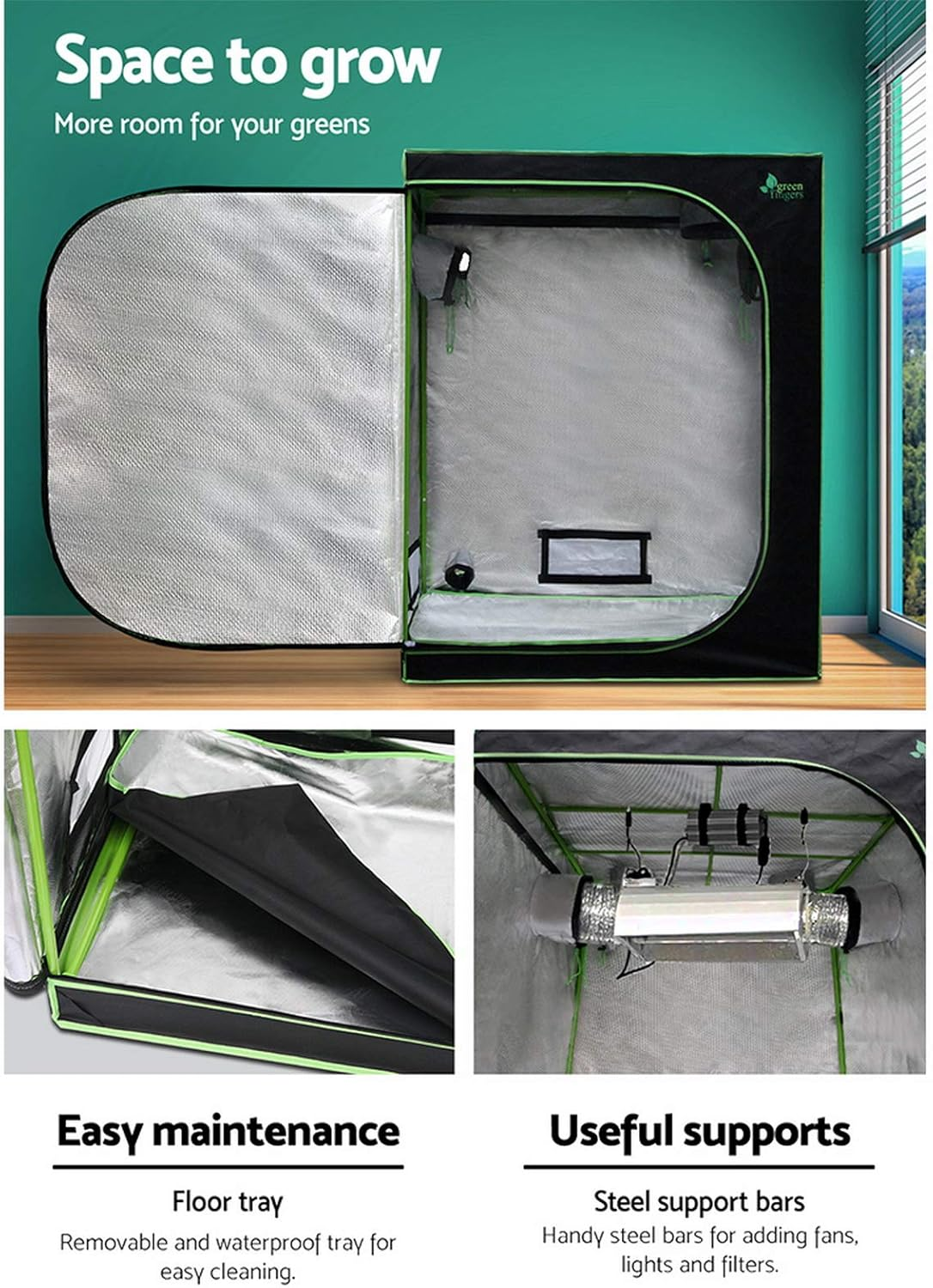 Green Fingers Grow Tent 120 X 60 X 150Cm Hydroponics Growing System Indoor Greenhouse Hydroponic Indoor Plant Kits,600D Oxford Cloth Green Exterior and Steel Frame with Highly Reflective Inside image number 3