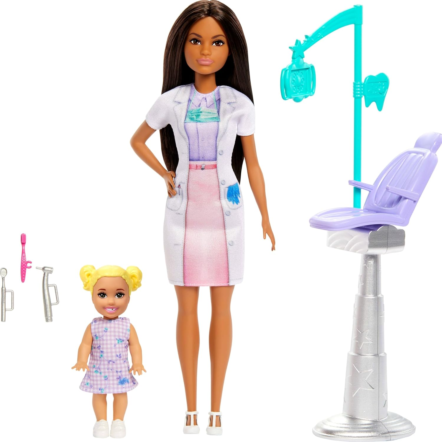 Barbie Dentist Doll with Brunette Fashion Doll with Blue Dress and Lab Coat, 1 Kid Doll, Medical Doctor Furniture & Accessories image number 2