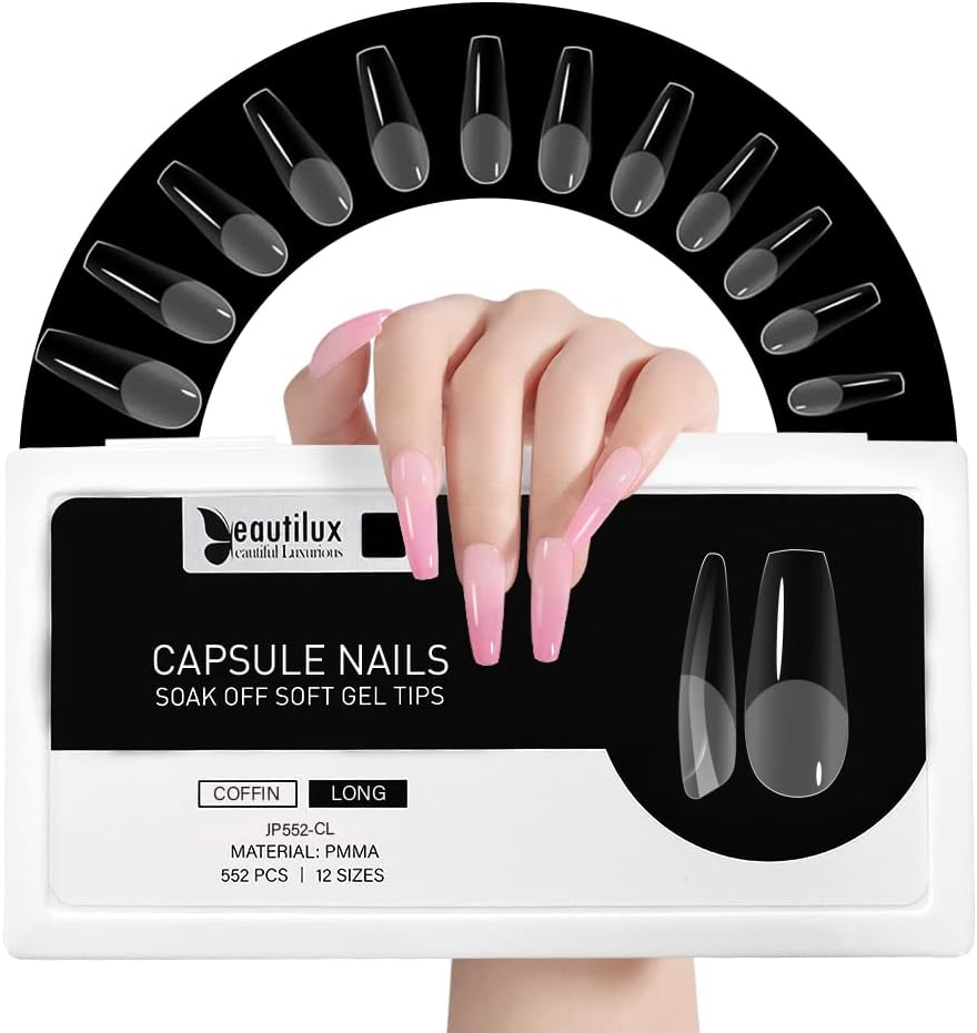 Beautilux Nail Tips, Pack of 552, Coffin Medium Tips for Gel Nails, Transparent, 12 Sizes, Pre-Buff PMMA Soft Full Cover Nail Tips for Home Manicure and Nail Salons