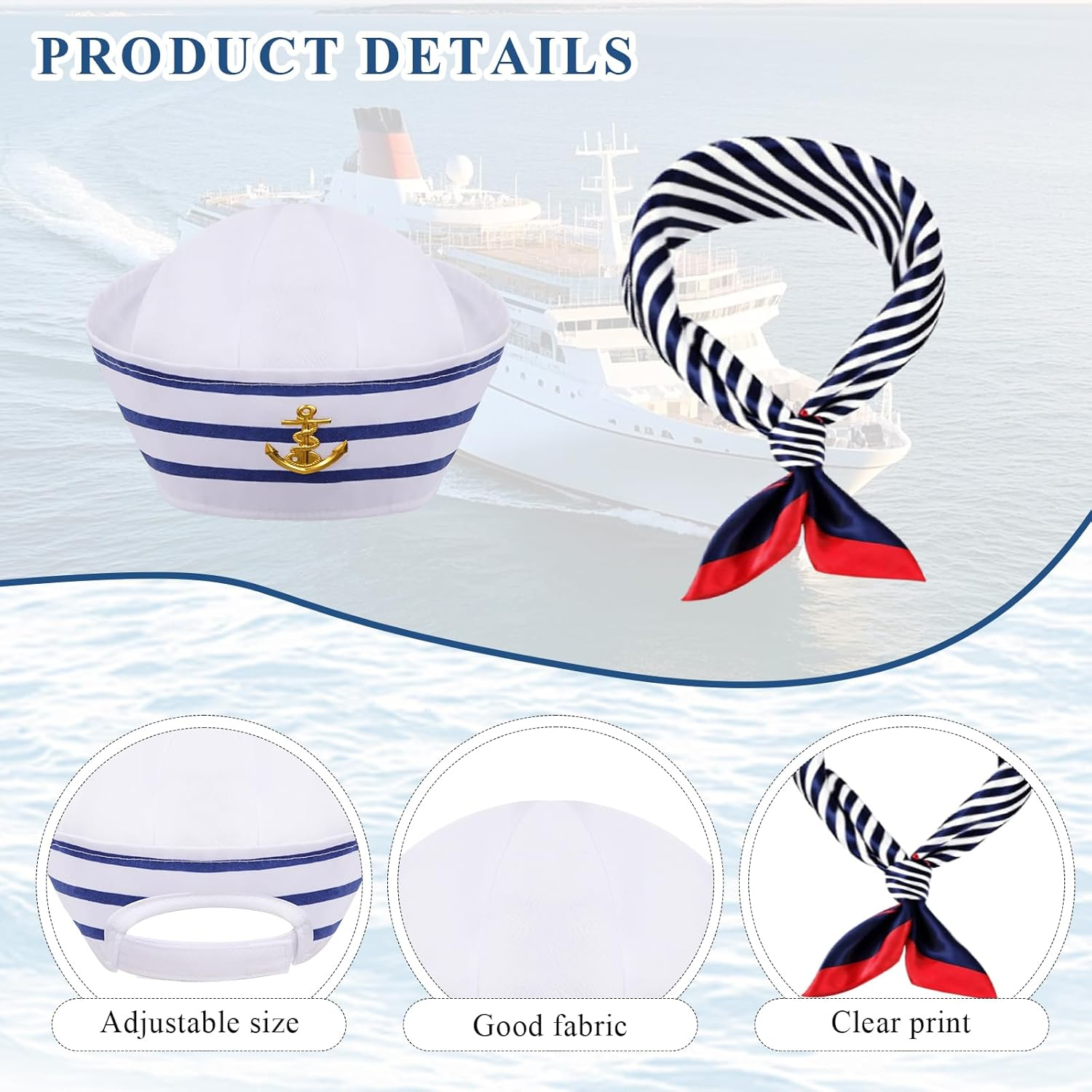 Yacht Captain Hat Sailor Hat and Scarf Set Navy Rock Costume Sailor Hat Boat Cap for Men Captains Women Dressing up Party image number 1