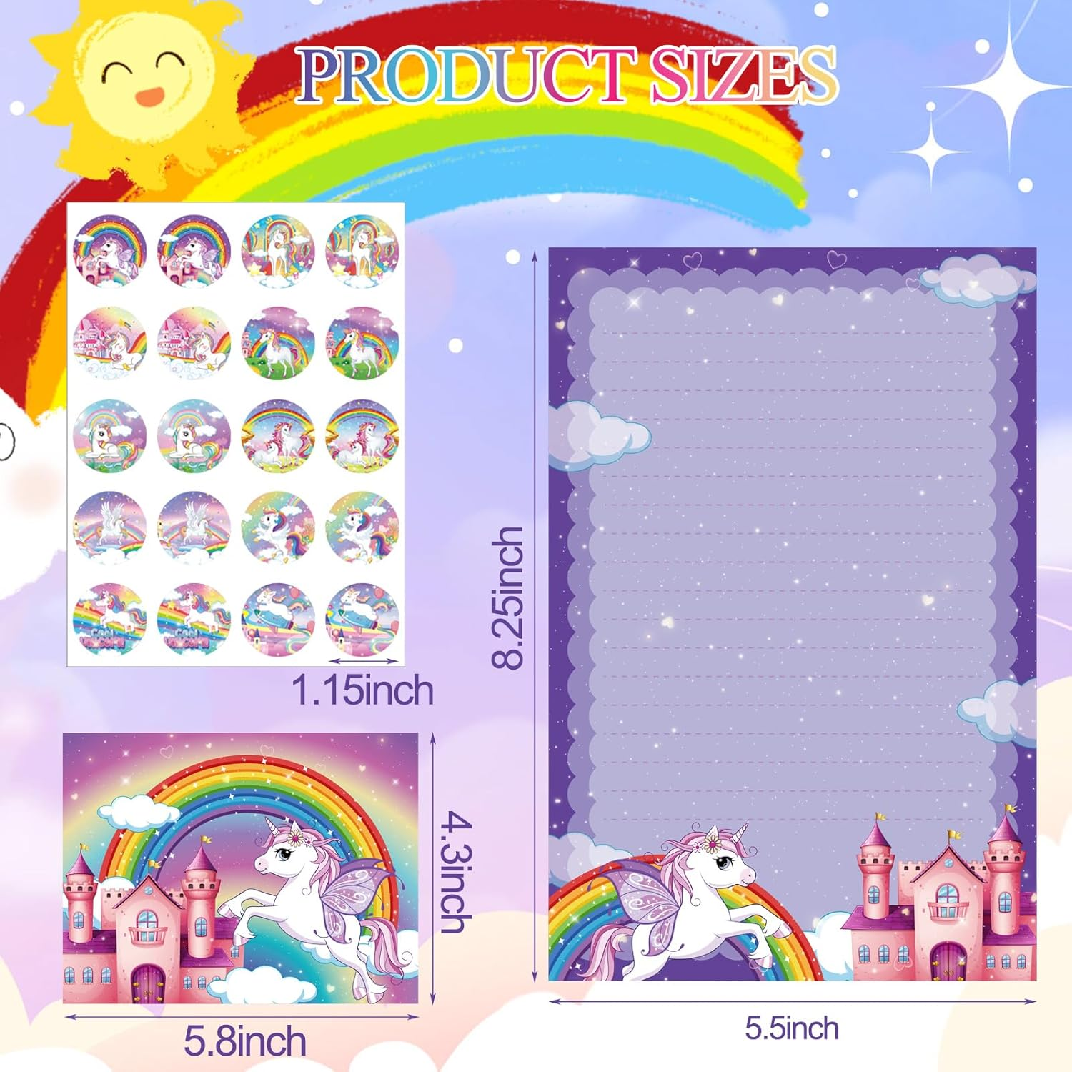 Taobary 160 Packs Mini Rainbow Unicorn Stationery Paper Set 50 Double Sided Stationery Writing Papers Matching Envelopes and 60 Unicorn round Dot Stickers, 5.5 X 8.25 Inch, 10 Designs image number 5
