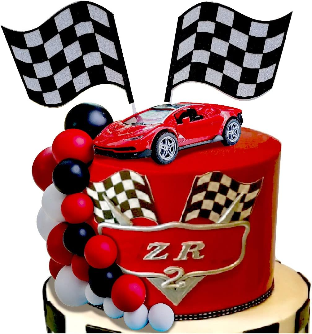 30PCS Race Car Cake Toppers with Checkered Flag, Red Black White Balls, for Race Car Themed Birthday Party
