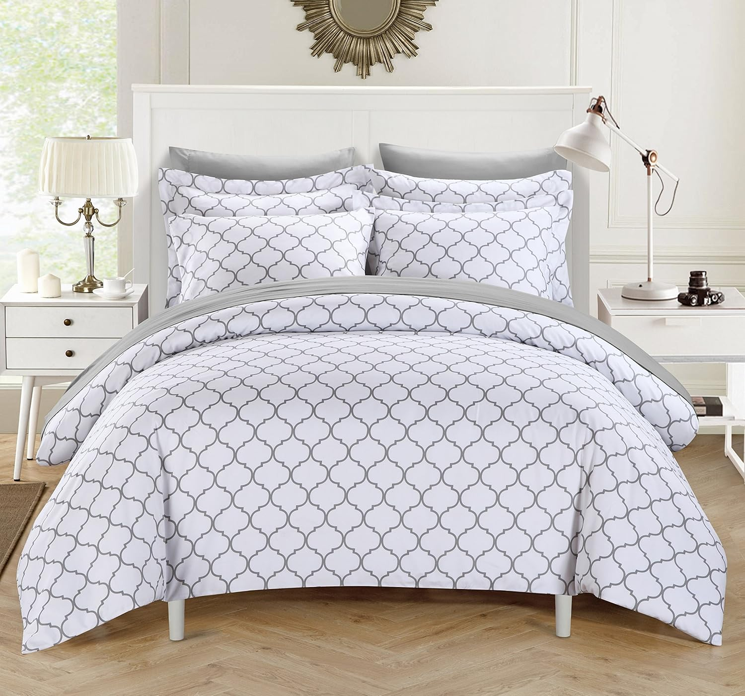 Chic Home Brooklyn 3 Piece Reversible Duvet Cover Set Geometric Diamond Fretwork Pattern Print Zipper Closure Bedding-Decorative Pillow Shams Included, King, Plum