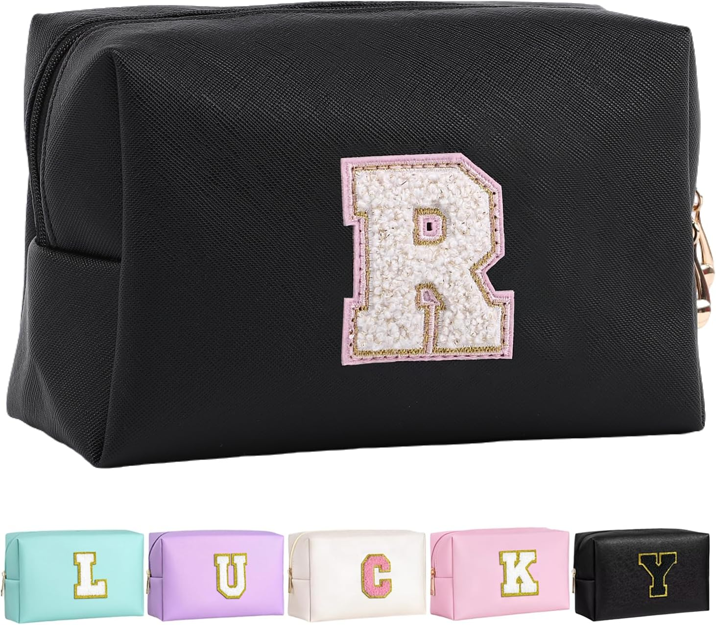 Personalized Initial Makeup Bag Cute Makeup Bag Chenille Letter Waterproof Zipper Cosmetic Bags for Women, Preppy Makeup Pouch Travel Toiletry Bag Organizer Birthday Gift for Girls, Beige-Pink, N