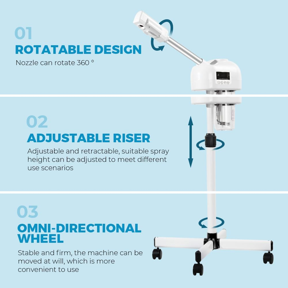 ALSTON Professional Facial Steamer Humidifier 3IN1 Ozone Spa Salon Adjustable Height with LCD Display and Timer Rolling Wheels for Beauty Skin Facial Clean image number 4