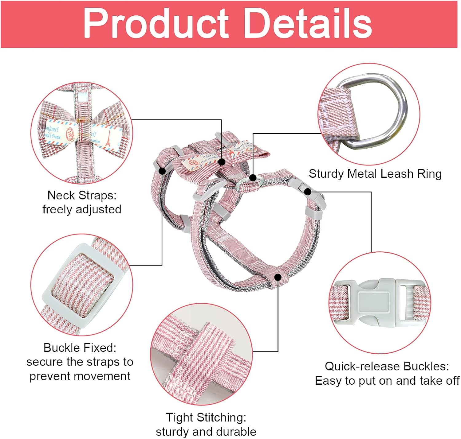 Cat Harness and Leash Set, Adjustable Mesh Pet Harness with Cute Bow European Style Chest Strap with Safety Buckle (Pink, M)