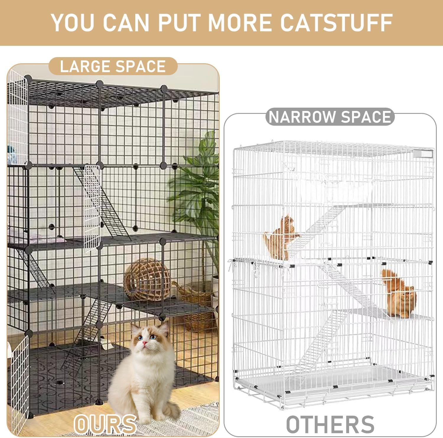 Uandhome 4 Tier 111Cm Cat Cage Large Enclosures with Hammock Detachable Metal Wire Crate Kennels Indoor/Outdoor Small Animal House Fence for 1-4 Cats,Diy Pet Crate Playpen(3 Columns and 2 Rows) (1) image number 3