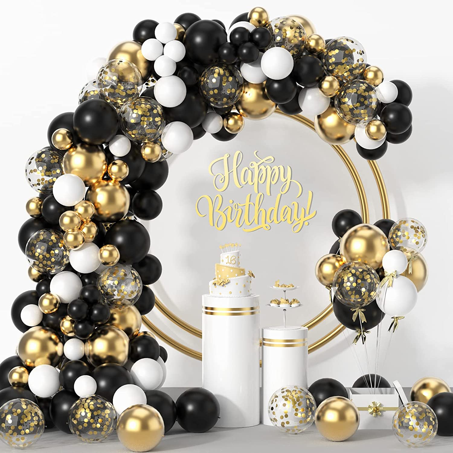 Black and Gold Balloons Garland Kit, 100Pcs Metal Gold Black White Balloons Set in Different Size for Graduation Birthday Anniversary Bachelorette Party Balloon Decoration